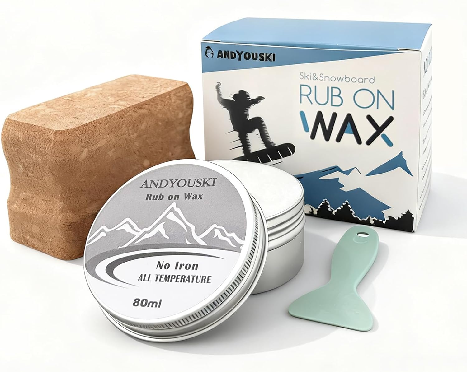 Rub On Ski and Snowboard Wax Full-Temperature, 80ml Tin - Includes Mini Scraper & Cork, No Iron Needed, Easy On-the-Go Application for Smooth Glide