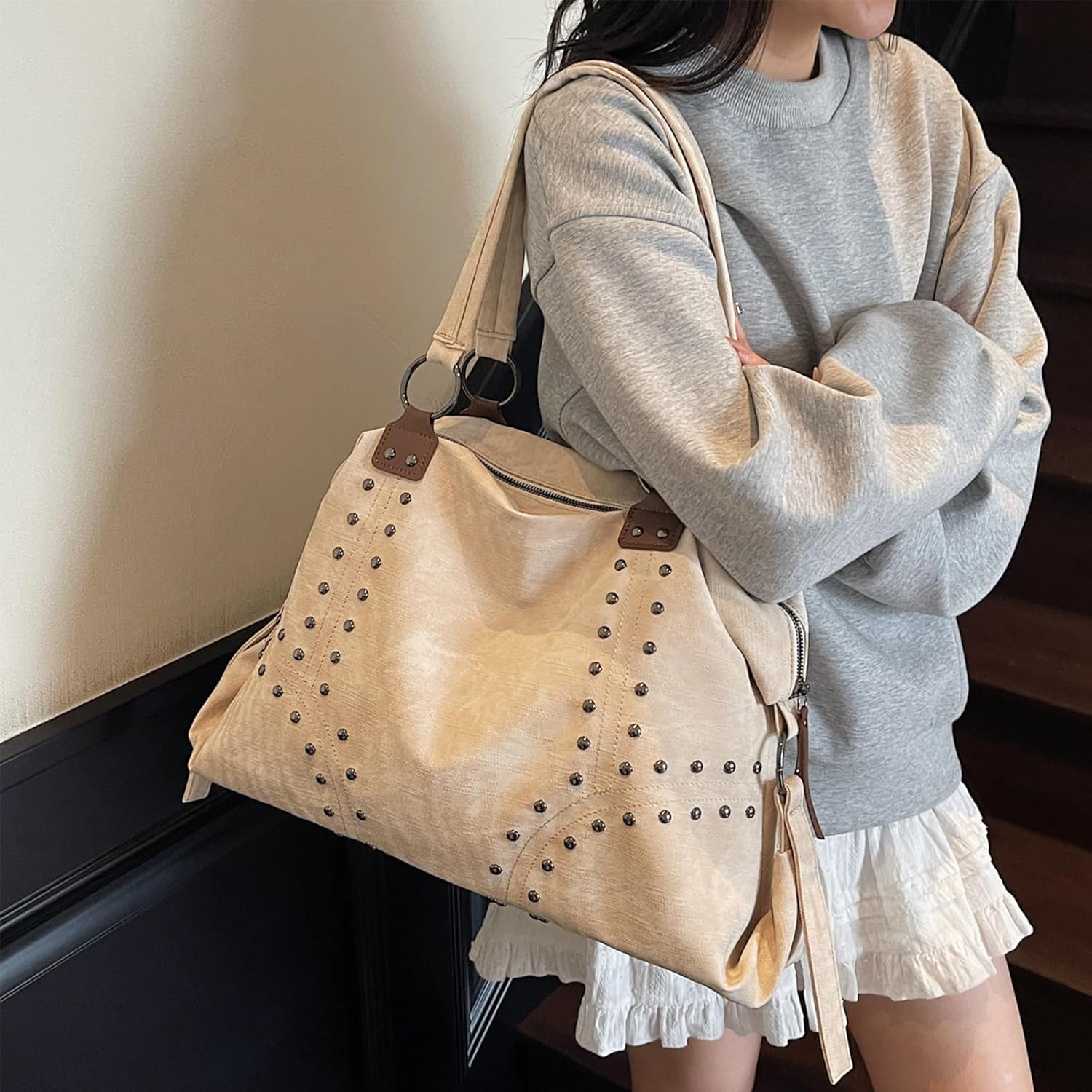 Studded Purse Trendy Faux Leather Studded Tote Handbag Top-Handle Hobo Bags Y2K Shoulder Bag Punk Purse for Women - Image 3