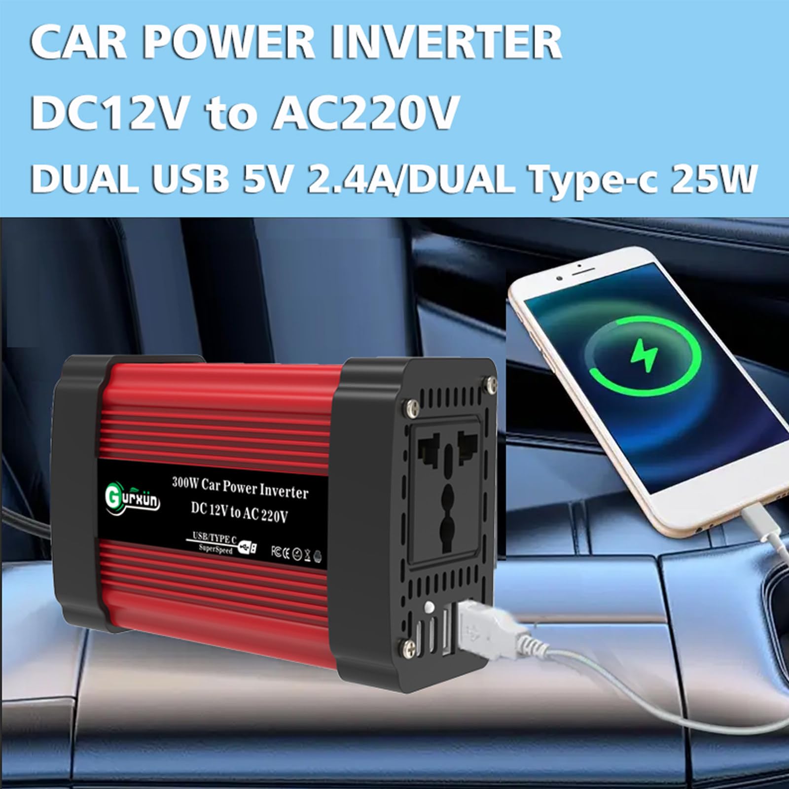 300W/600W 12V 220V Inverter Onda Pura con Doppia Porta USB Smart Type-C da 2,4 A per Camper Auto Convertitore di Potenza