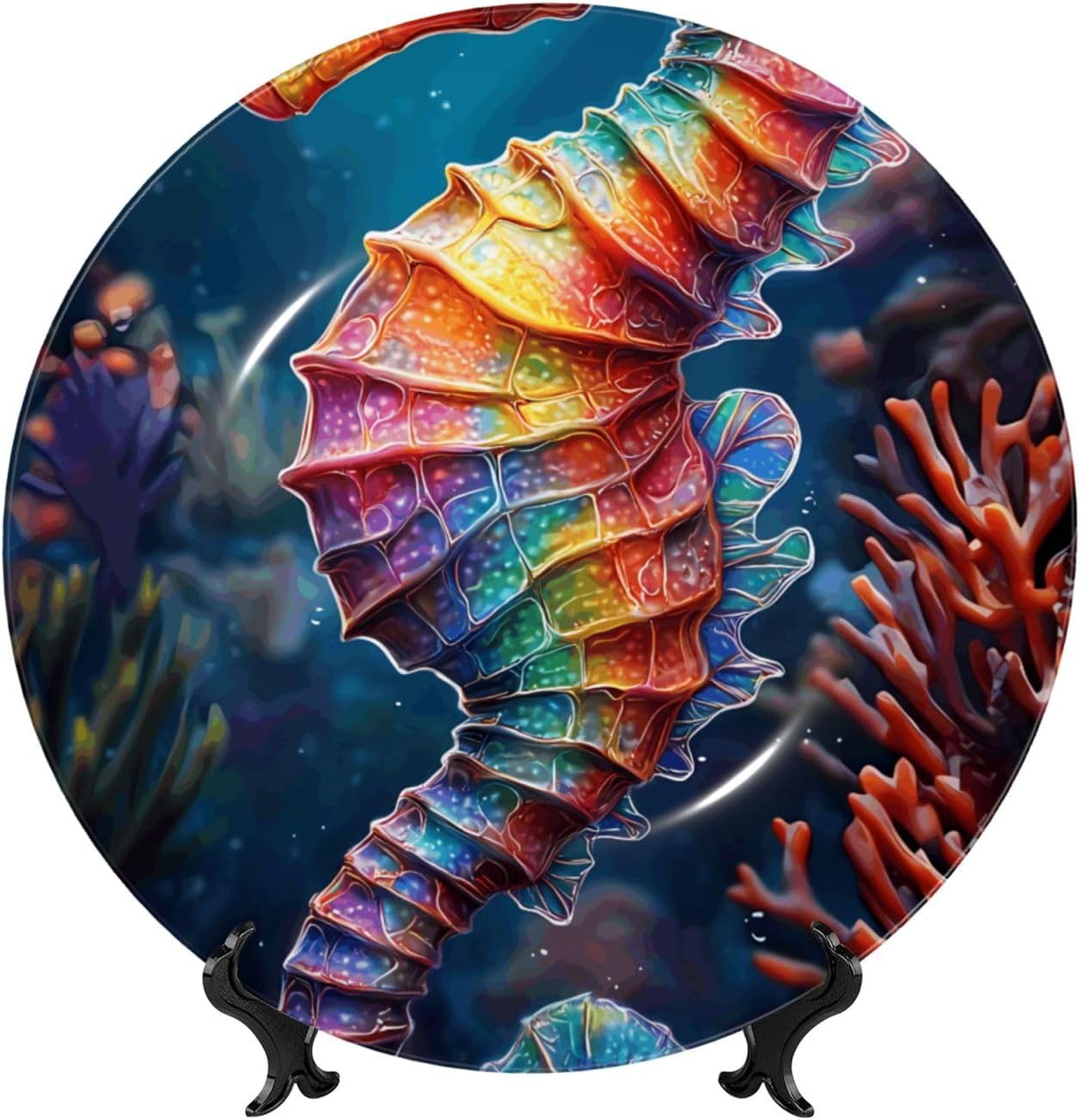 Neon Seahorse Style Ceramic Plate Display Home Display With Stand Wall Hanging Plate For Home Decor 10 Inch