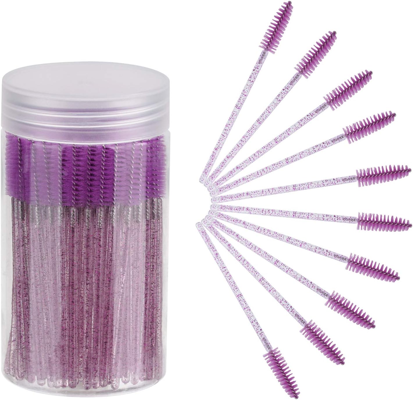 CHEFBEE 100PCS Disposable Eyelash Brush, Mascara Wands Makeup Brushes Applicators Kits for Eyelash Extensions and Eyebrow with Container (Purple)