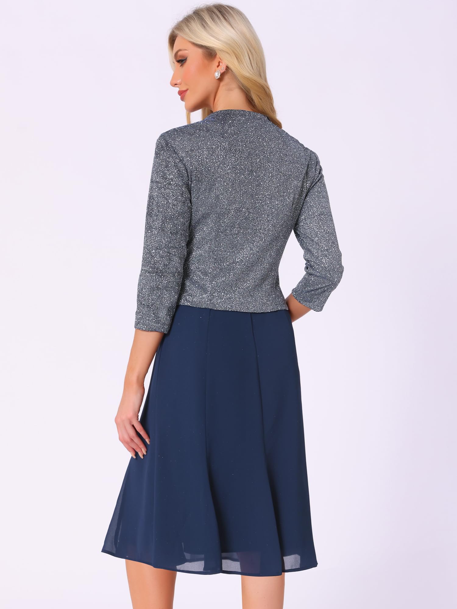 Allegra K Damen Kleid Anzug Sets 2-Teilig Kontrast A-Linie Fließende Kleide Pailletten Jacke