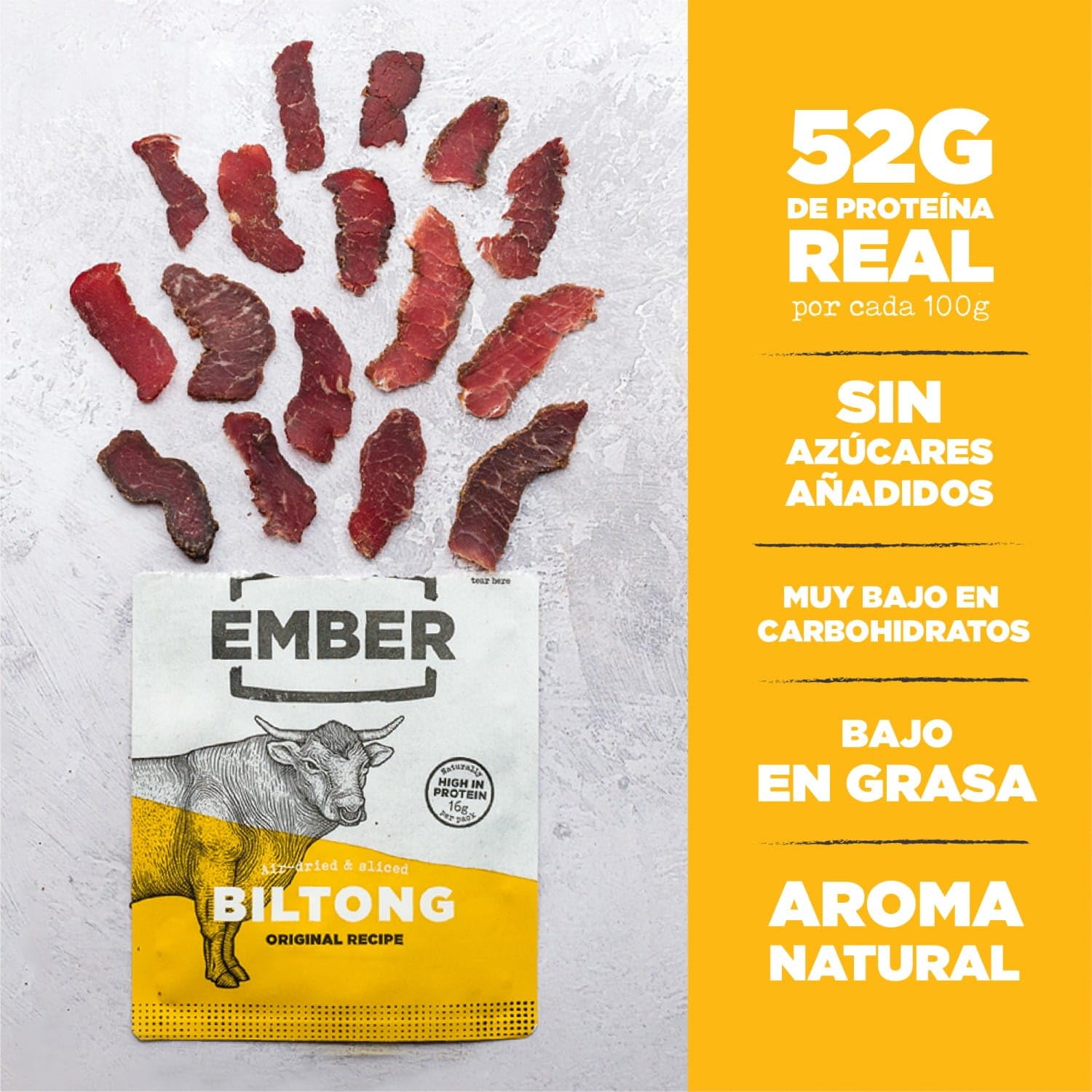 Ember Biltong de Ternera Original 250 g - Carne Seca Beef Jerky Rica en Proteinas - Baja en Grasa, Sin Azúcar Añadido, Keto, Sin Colorantes ni Aromas Artificiales - 10 Sobres Snack de 25 g
