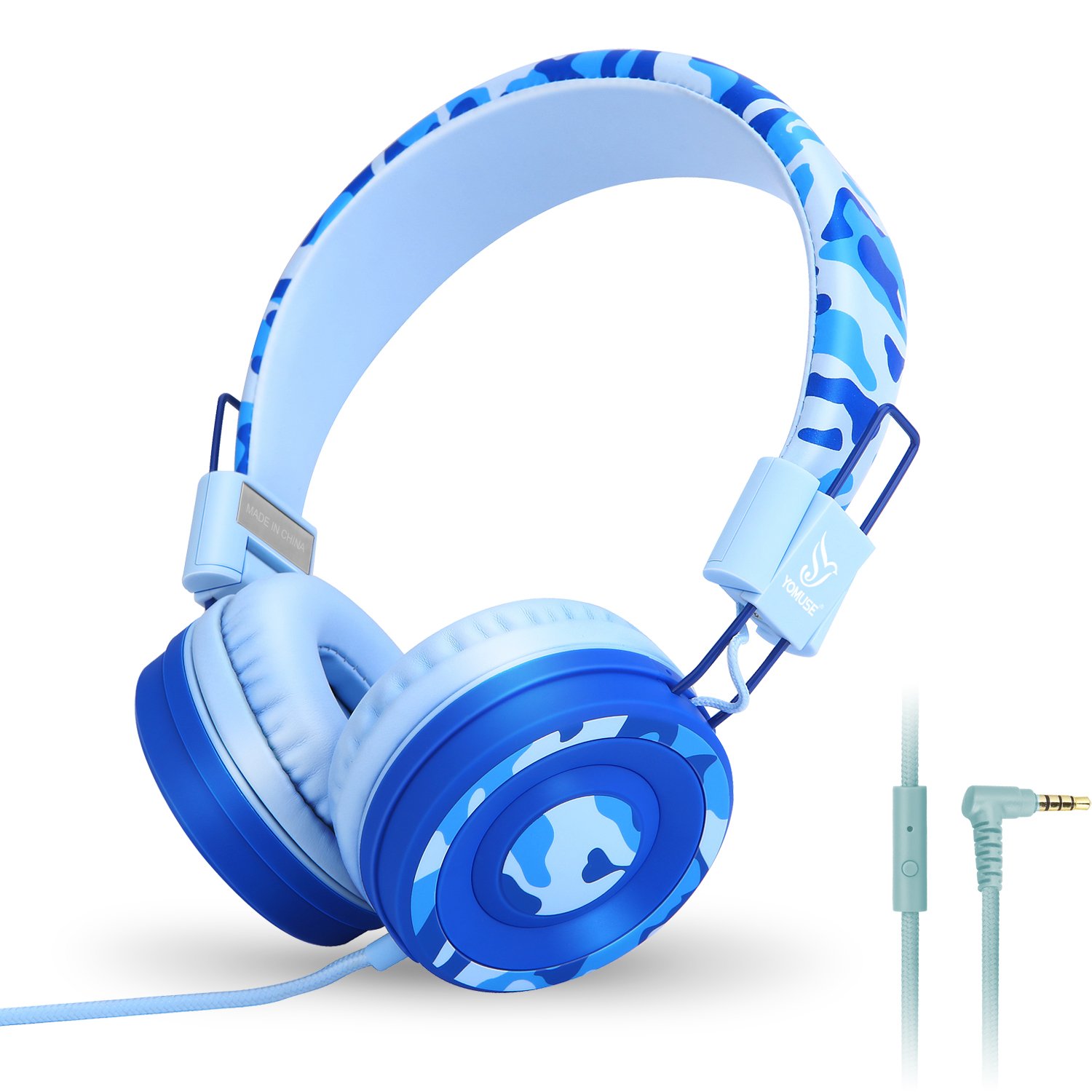 C89 Kids Headphones, Wired Headphone with Microphone, On Ear Headphone with Adjustable, Foldable Headphones for School Travel Children Girls Boys Adults (Camo Blue)