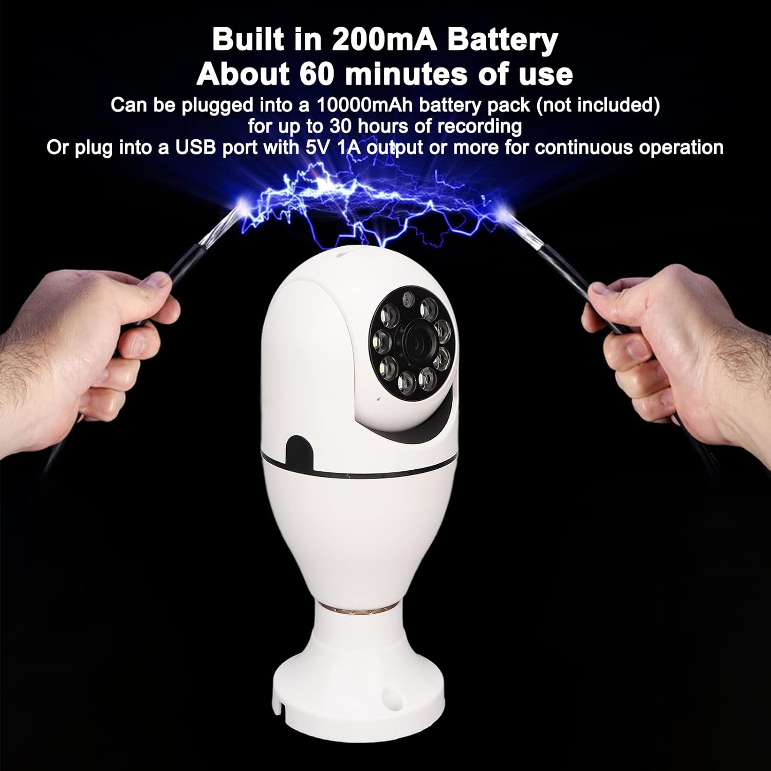 Camera connected to power source, with text about built-in battery and external battery pack options