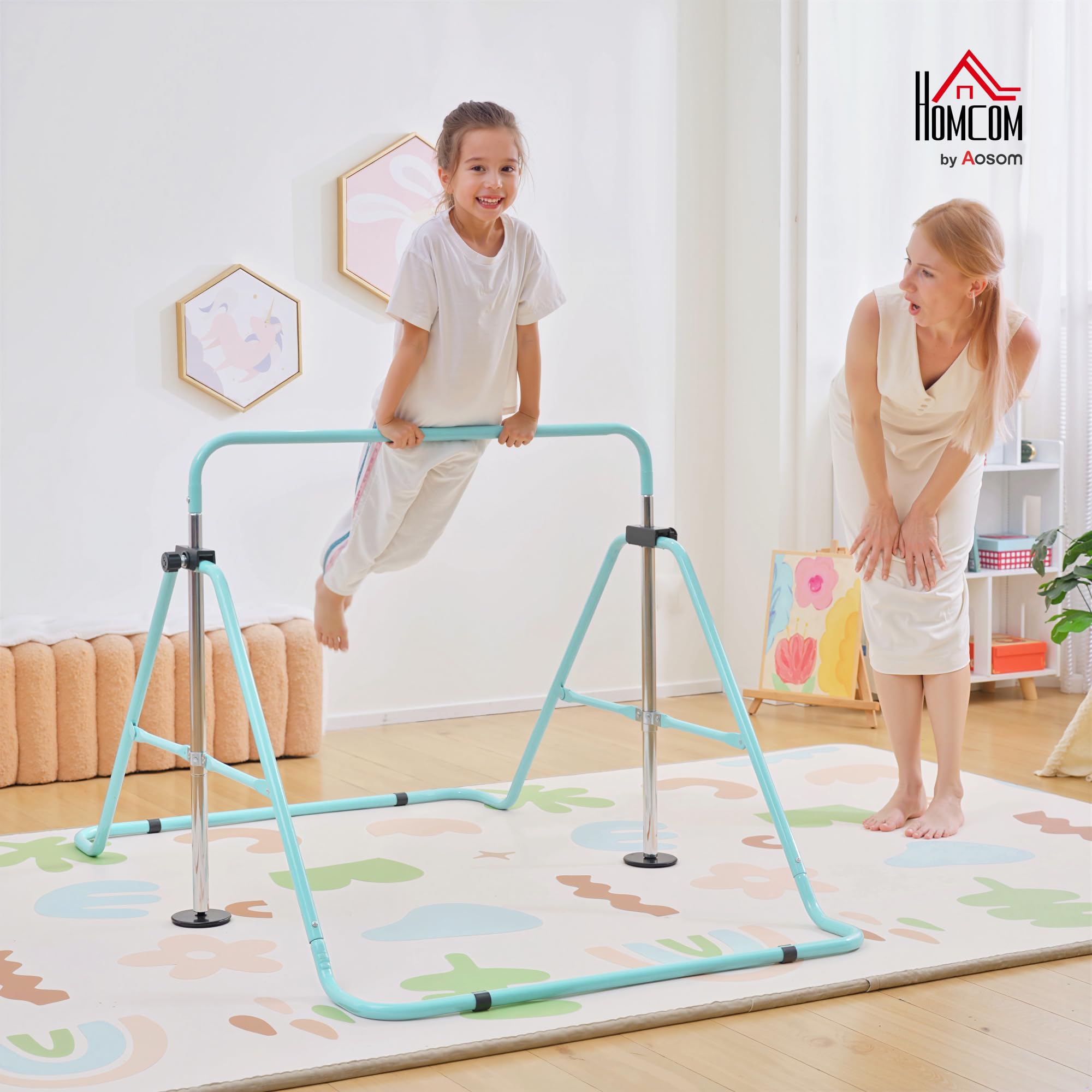 HOMCOM Barre Fixe de Gymnastique pour Enfants Pliante - Hauteur réglable de 88 à 128 cm - avec Base Triangulaire en Acier