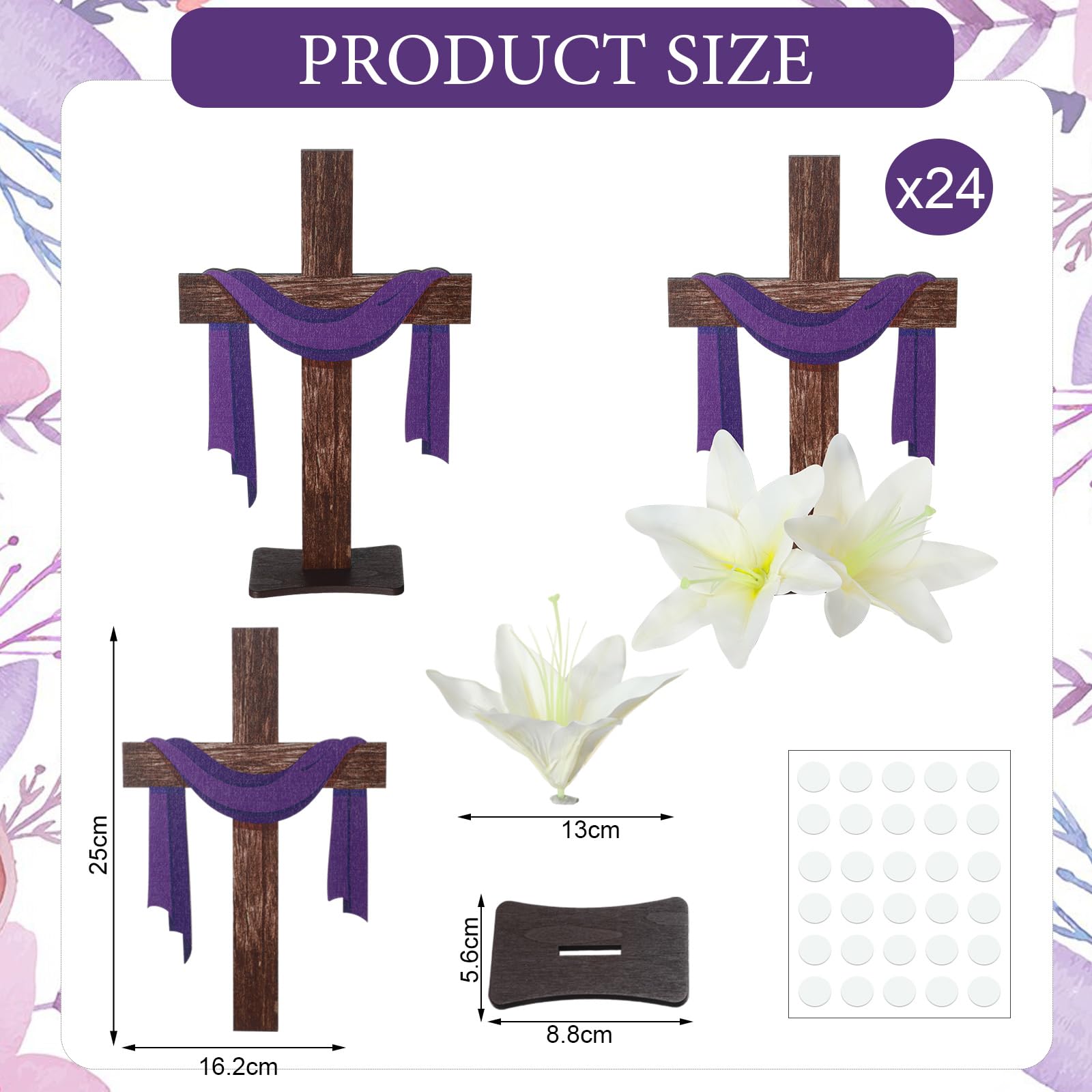 DoubleFill 6 Pcs First Communion Centerpieces,Wooden Cross Baptism Centerpieces for Tables Christening Decorations with Base Purple Scarf 12 Lily Artificial Flowers for First Communion Wedding