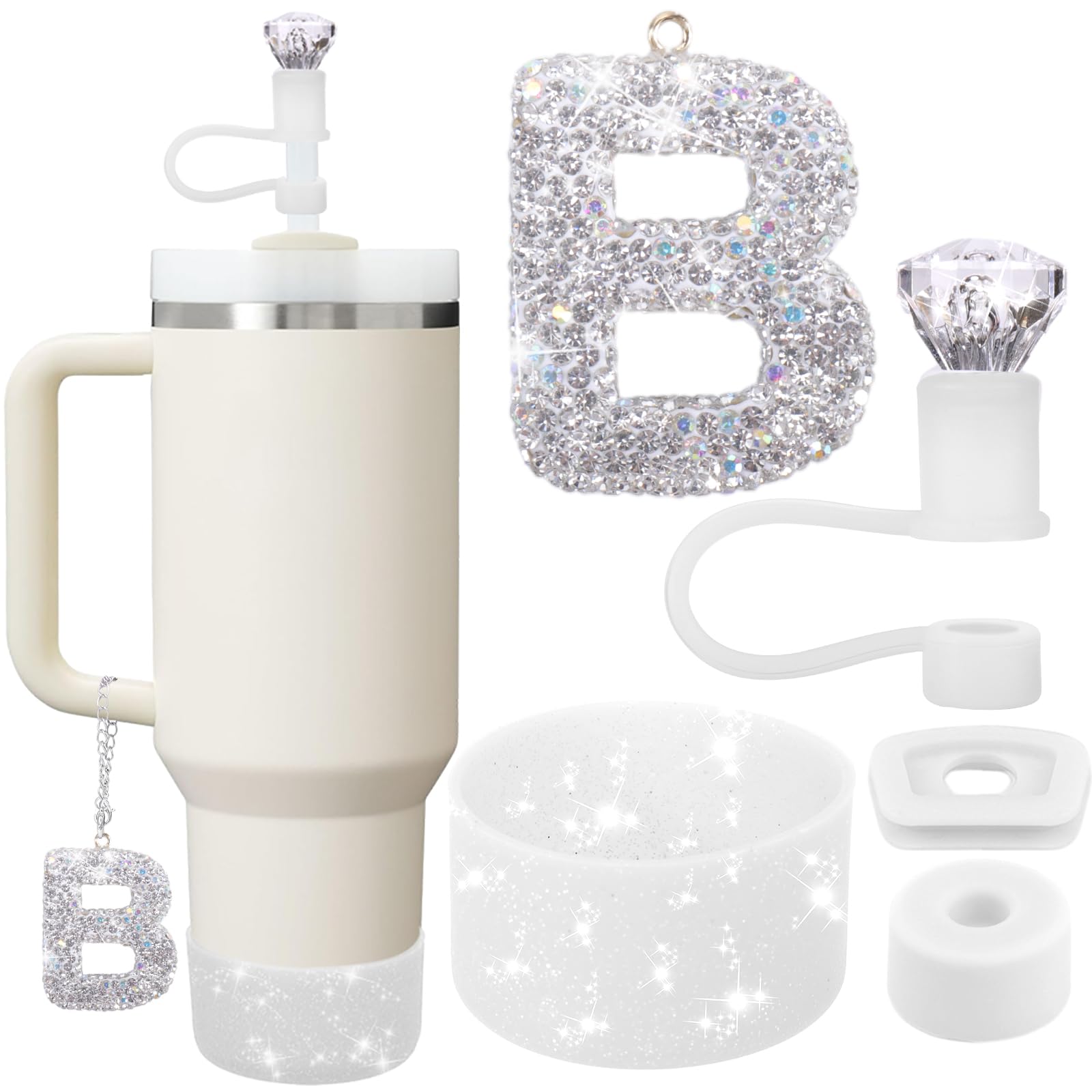 Mity Rain Set for Stanley Cup Accessories, Letter Charm, Including Diamond Straw Topper, 2 Pcs Silicone Spill Proof Stopper, Sparkly Silicone Boot Set