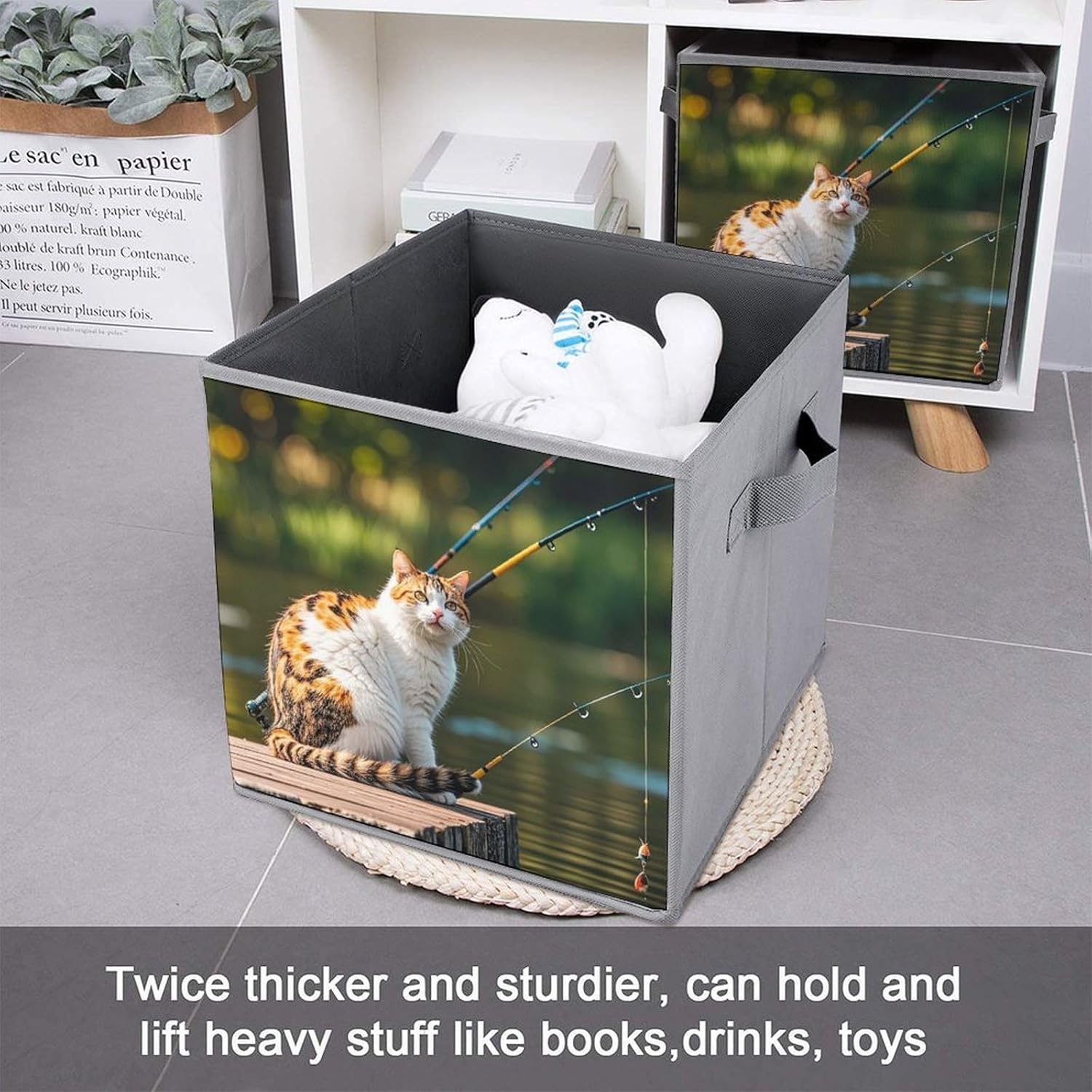 Fishing Cat Foldable Storage Box with Handles, Durable Oxford Storage Cubes, 2PCS Collapsible Closet Organizer for Home, Shelf, Office, Travel