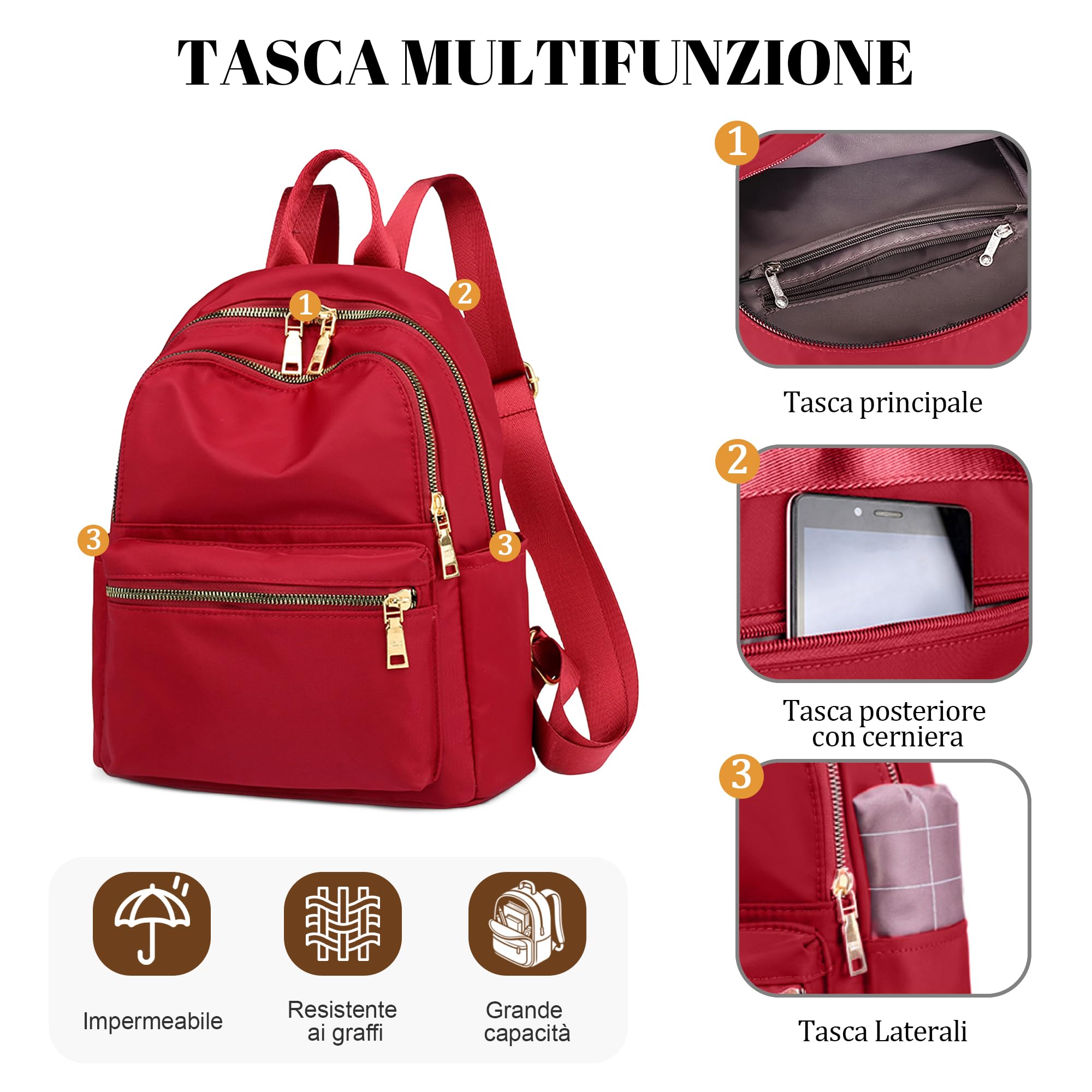 Zaino Donna in Nylon Leggero Multitasche – Zainetto Donna Casual per Città e Uso Quotidiano – Rosso Vino, Taglia L