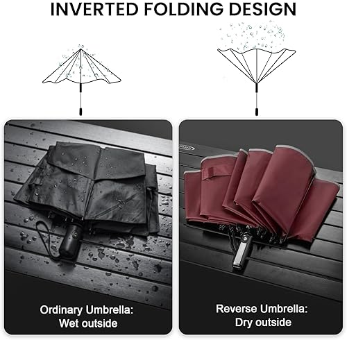 Miniatura 4 de G4Free Paraguas invertido resistente al viento de 62 pulgadas con rayas reflectantes, paraguas grande y compacto de golf para lluvia, 10 varillas,