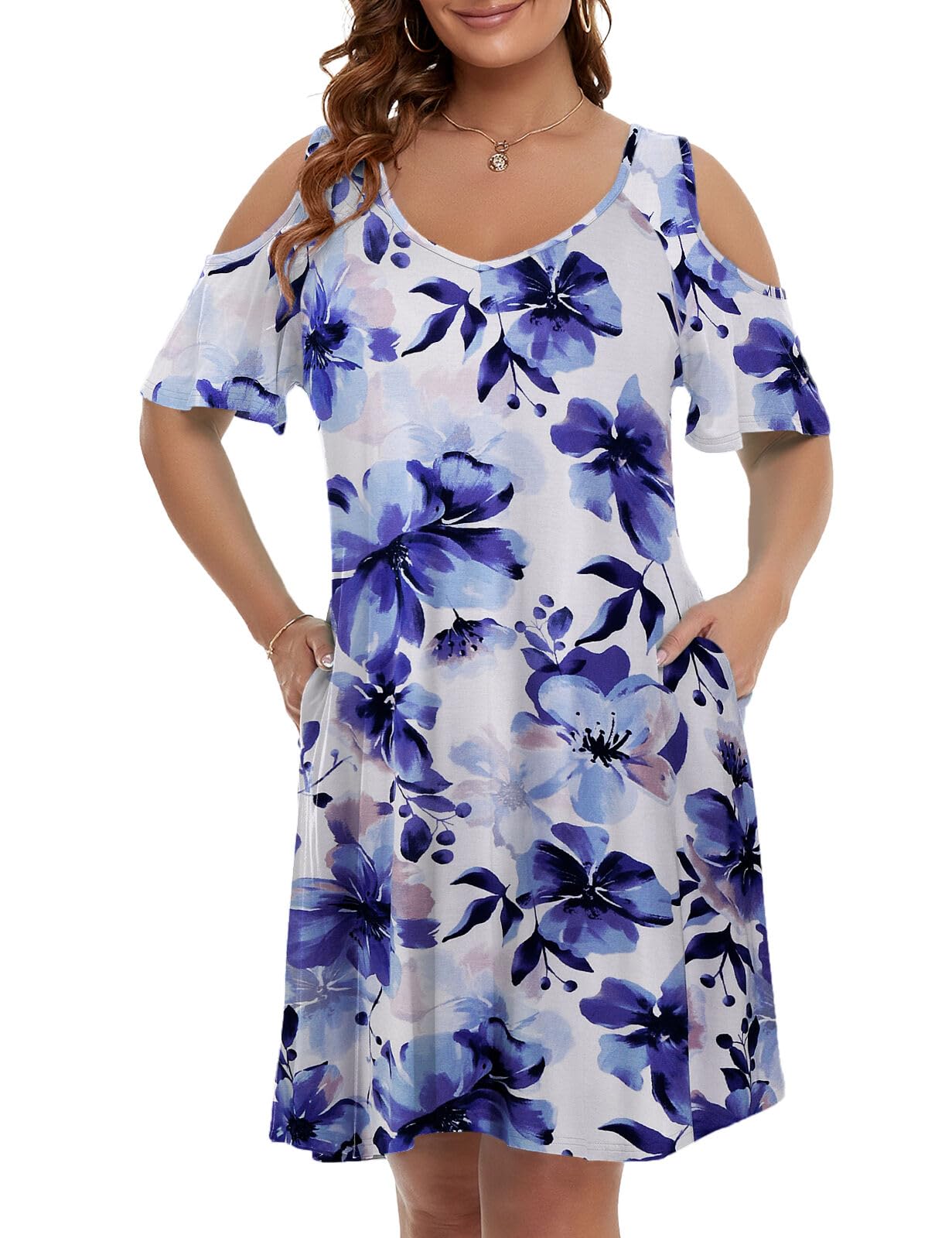 JollieLovin Womens Plus Size Short Sleeve Cold Shoulder V Neck T-Shirt Dress with Pockets