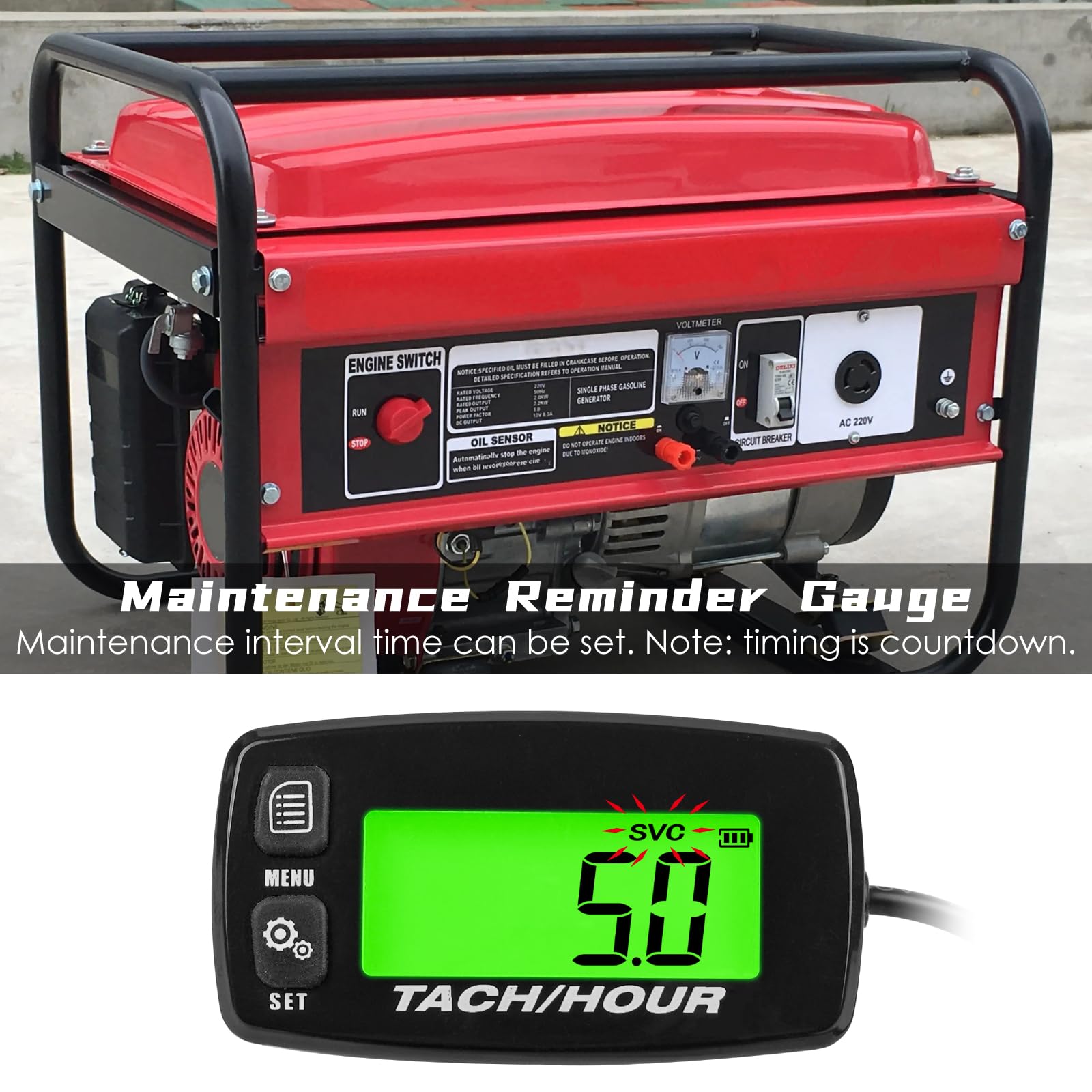 Contaore autoalimentato, batteria sostituibile integrata, retroilluminazione regolabile, tachimetro impermeabile per generatore di tosaerba con motore a gas
