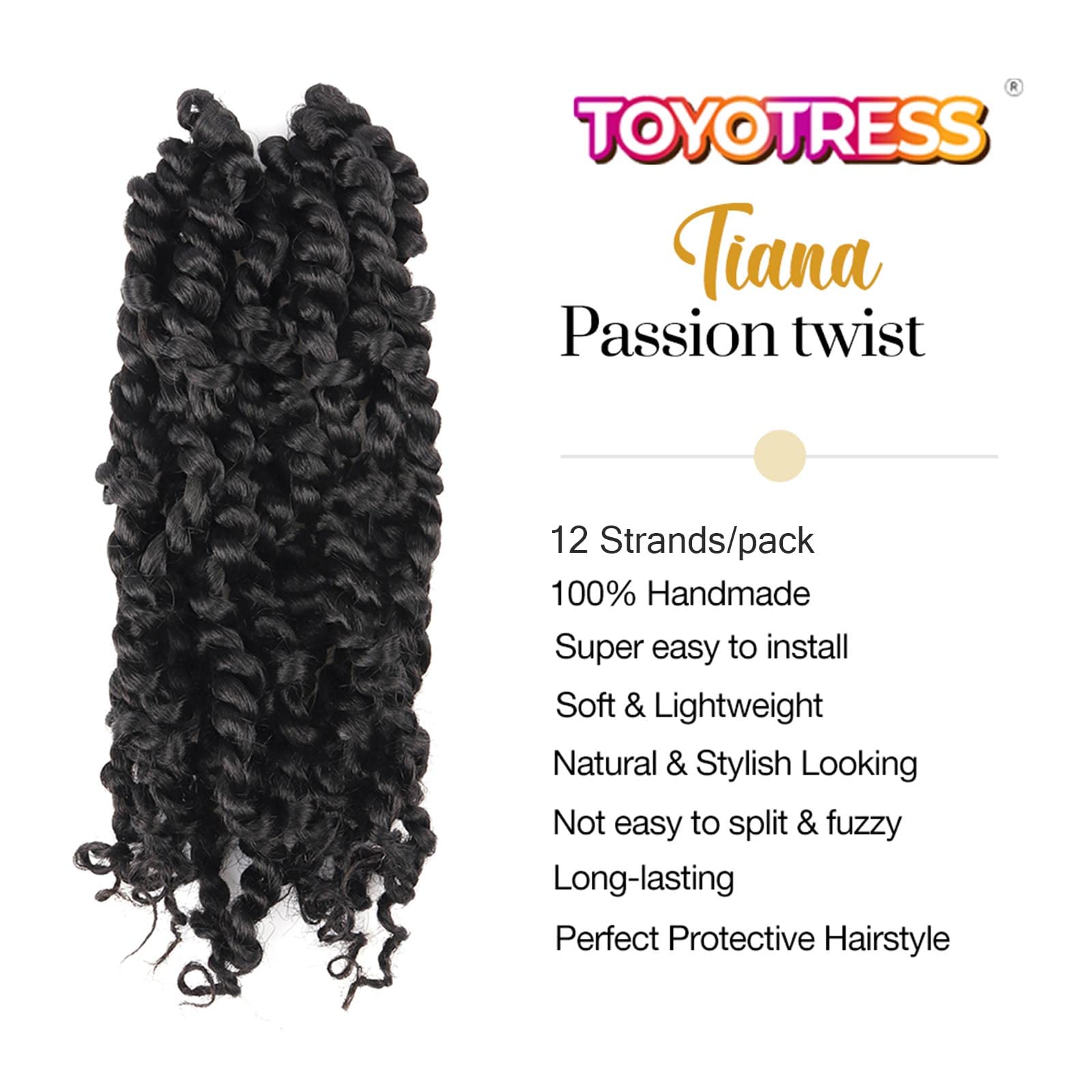 TOYOTRESS Tiana Passion Twist Hair 14 inch Short Pre-Twisted 8 Packs (12 strands/pack) Pre-Looped Passion Twists Crochet Braids Made Of Bohemian Hair Synthetic Braiding Hair Extension (14 Inch, 1B)