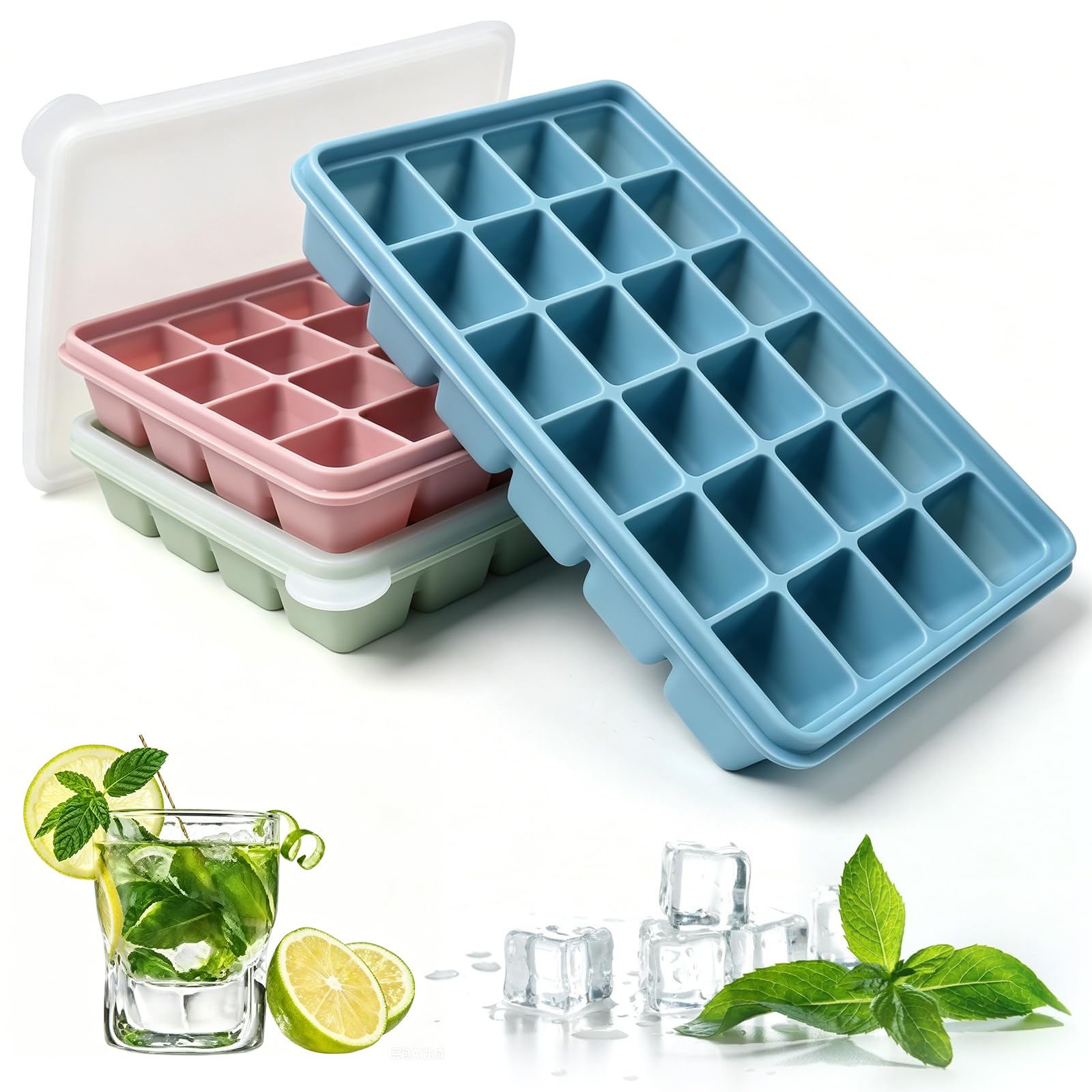 Ice Cube Tray with Lid, 3 Packs 72 Cubes, Silicone Ice Cube Trays Large Reusable and BPA Free for Whiskey, Cocktail, Drinks&Food, Freezer, Souper(Blue+Pink+Green)
