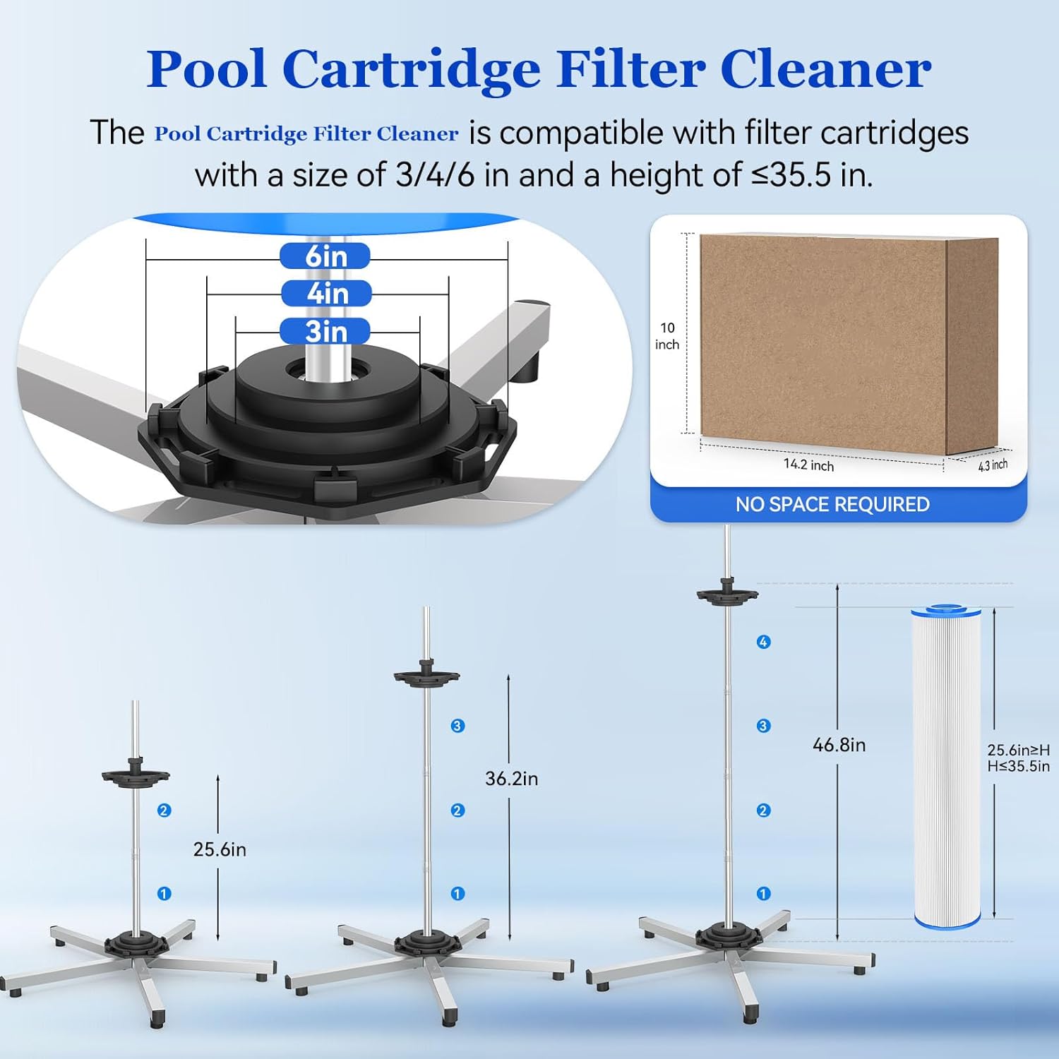 Deerchirp Pool Cartridge Filter Cleaner, Compatible with Filter Cartridges of 3, 4, and 6 inches in Diameter Supports Both Vertical and Horizontal Installation Modes