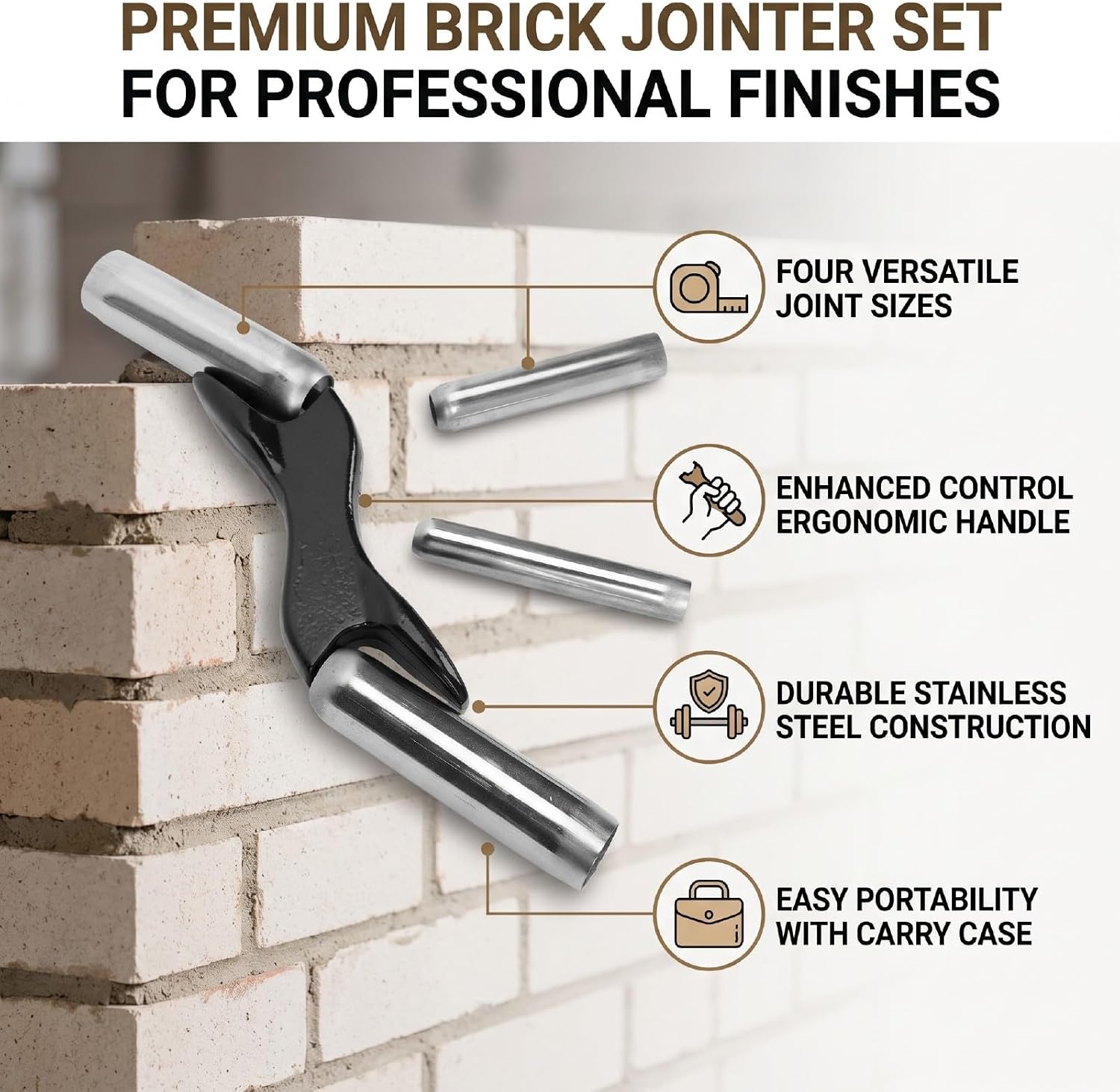 Fafeicy Tuck Pointing Tool Set 1/2 5/8 3/4 7/8 Inch Ergonomic Metal Handle, Brick Jointer for Masonry Joint Projects