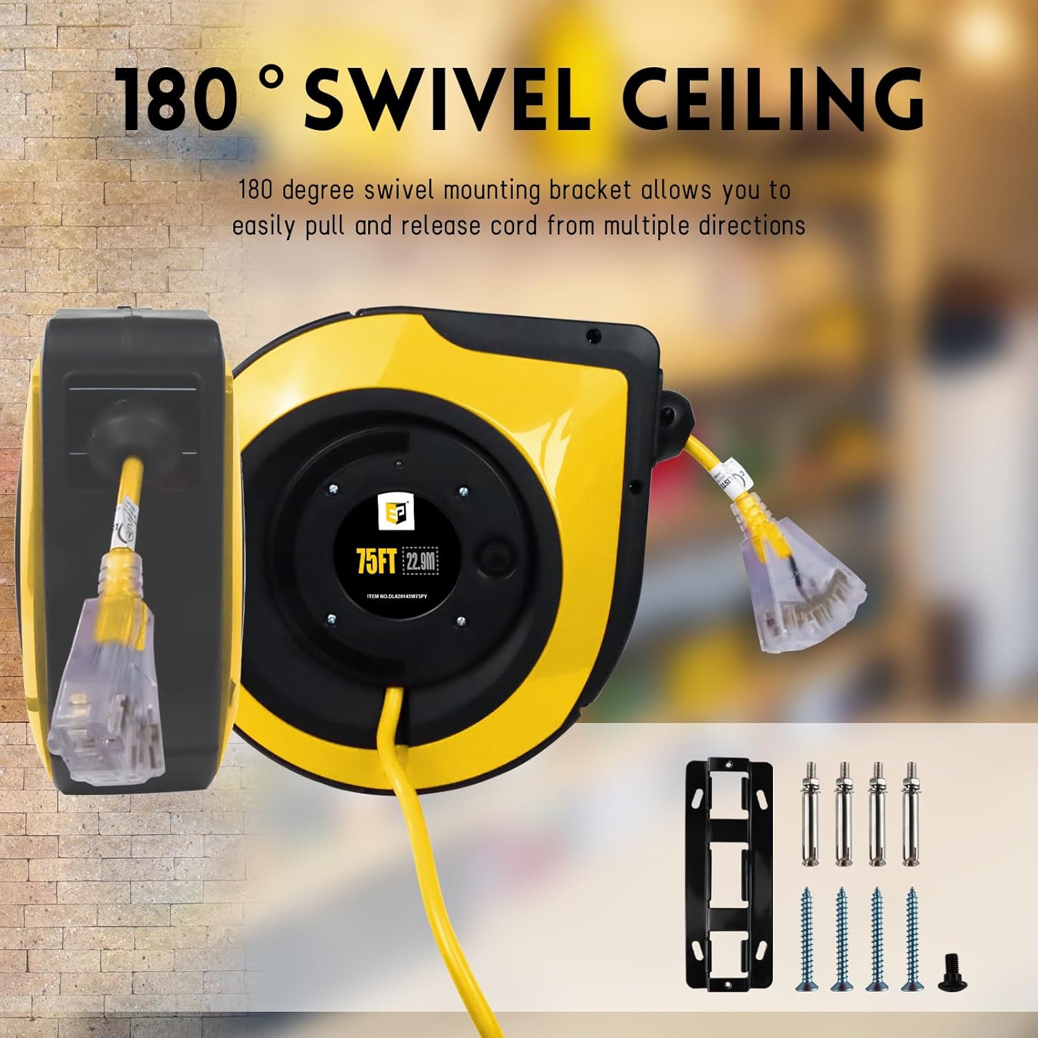 EP Retractable Extension Cord Reel,75 Feet 14 AWG/3C SJTOW Heavy Duty Power Cord,10 AMP Circuit Breaker, 3-Lighted Triple Outlets,Ceiling or Wall Mount Use Indoor, Yellow