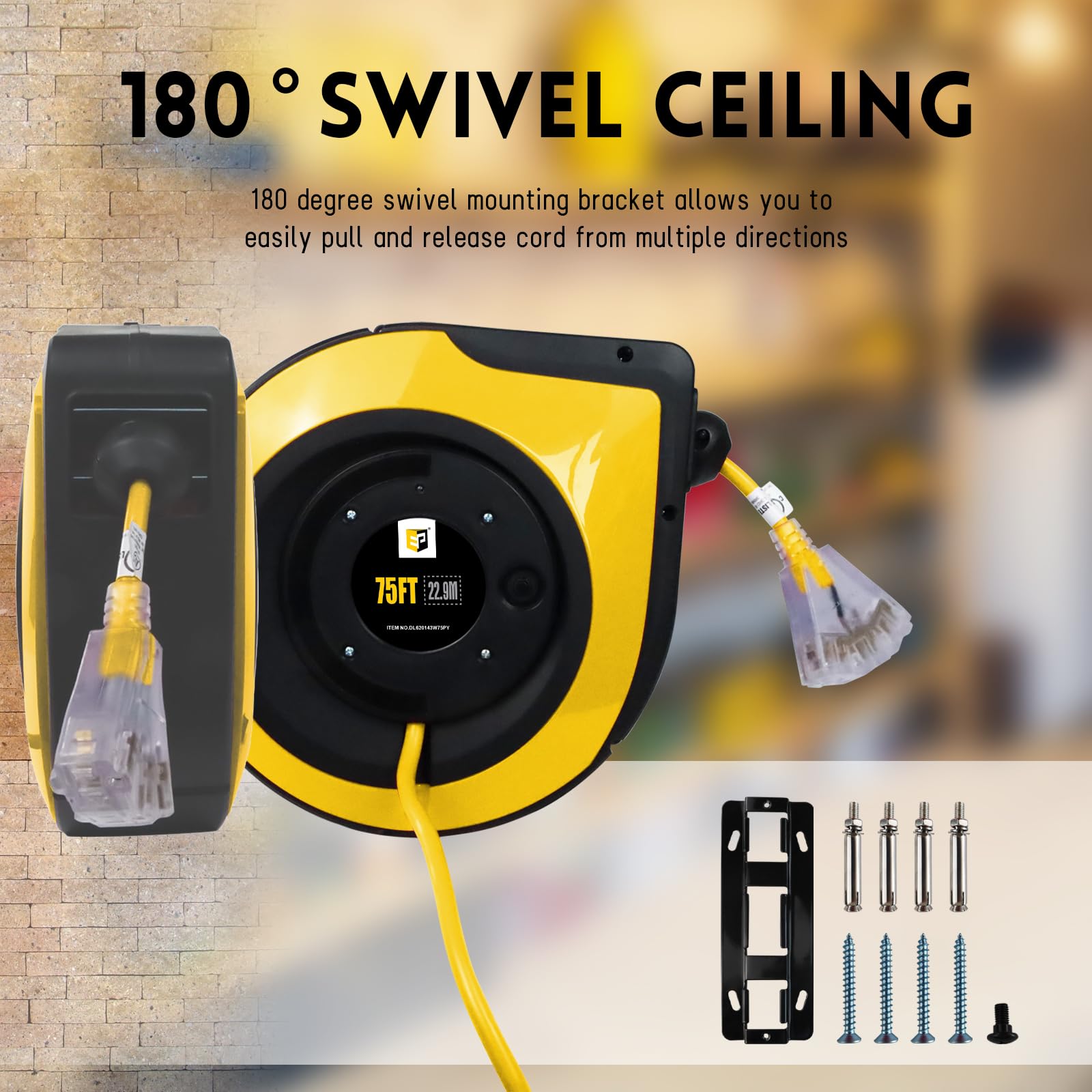 EP Bobina di prolunga retrattile, 200 m, 14 AWG/3C SJTOW, cavo di alimentazione resistente, interruttore automatico da 10 A, prese triple a 3 luci, montaggio a soffitto o a parete, uso interno/esterno