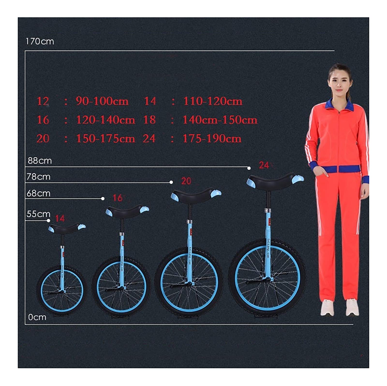 QWEASDF Monociclo, Monocicli, Uniciclo, 20 "Pollici di Pollice Rotella cromata Monociclo a Prova di Telaio Impermeabile Ruota Pneumatico Ciclismo Sport all'aperto Esercizio Fitness,Blu