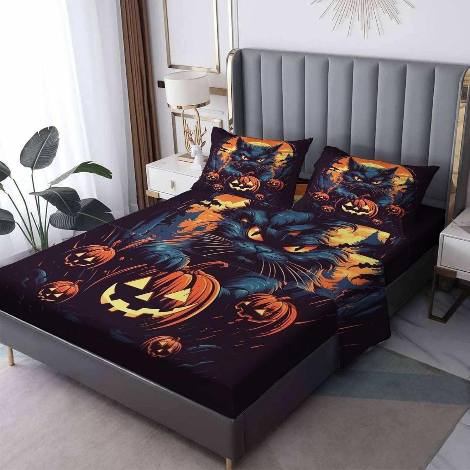 Halloween Sheets Twin Size, Pumpkin Black Cat Bed Sheets, Patterned Bedding Sheets & Pillowcases 3 Piece Set - Soft Microfiber Deep Pocket Fitted Sheet & Flat Sheet & Pillow Case L6-&-16