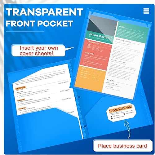 Miniatura 3 de Henoyso Paquete de 60 carpetas de 2 bolsillos con bolsillo frontal transparente de 3 agujeros perforados de plástico resistente con bolsillos para