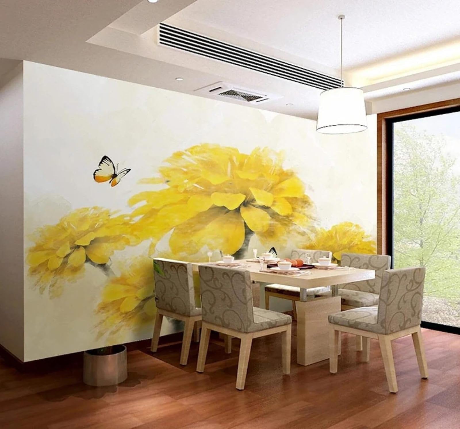 XLMING Papier Peint 3D Dessin À La Main Chaleureux Jaune Fleurs Papillons