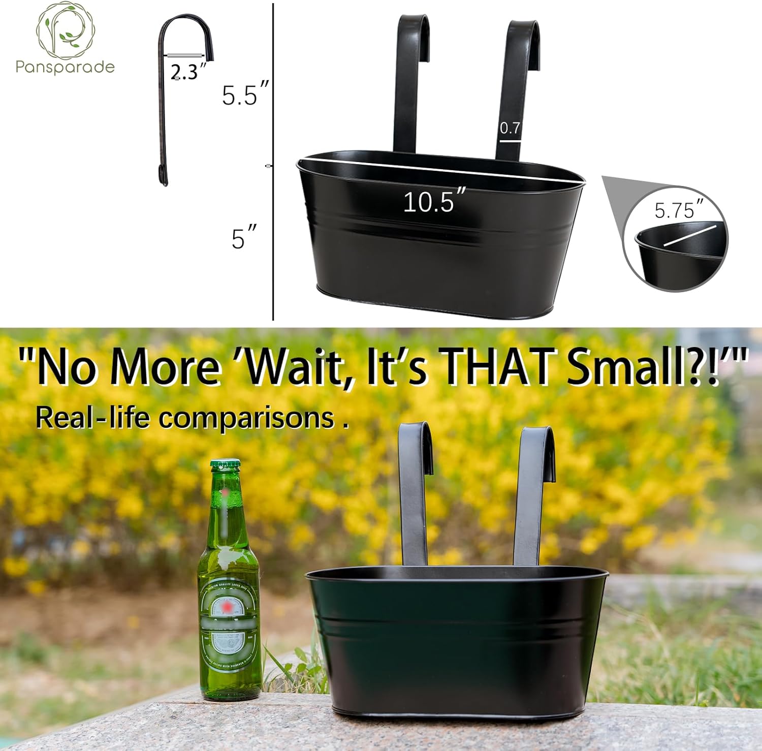 3 Pack Metal Hanging Flower Pots for Railing Fence，Outdoor Balcony Rail Planter with Detachable Hooks Drainage Holes for Deck Garden Home Decor Black
