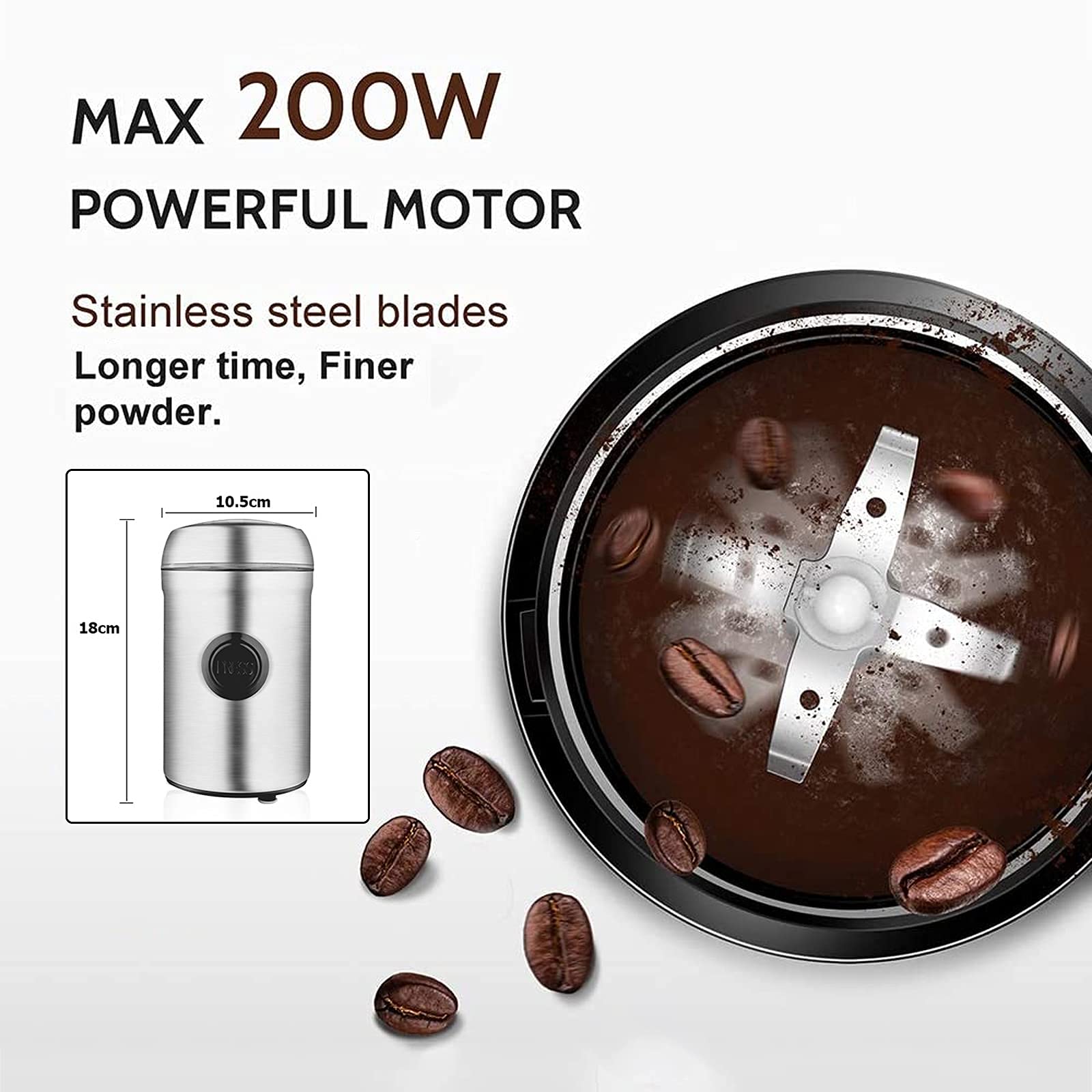 Młynek do kawy elektryczny z ostrzami ze stali nierdzewnej, przenośny młynek do ziaren kawy Blender do kawy Młynek do kawy, młynek do przypraw do ziaren kawy Papryka, zioła, orzechy, ziarna, 200 W,