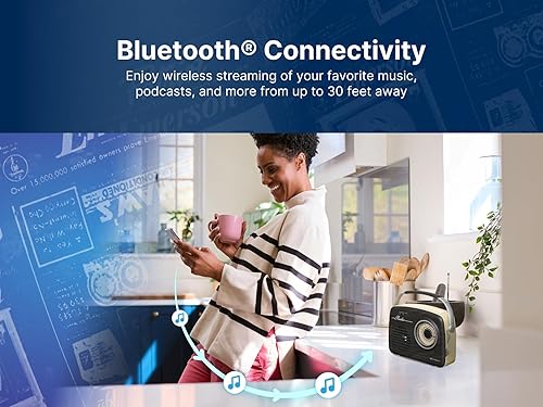 Vista 8 de Emerson EAS-3002 Radio portátil Bluetooth retro con sintonizador AM/FM, entradas USB/AUX, batería recargable incorporada y asa de transporte, gris