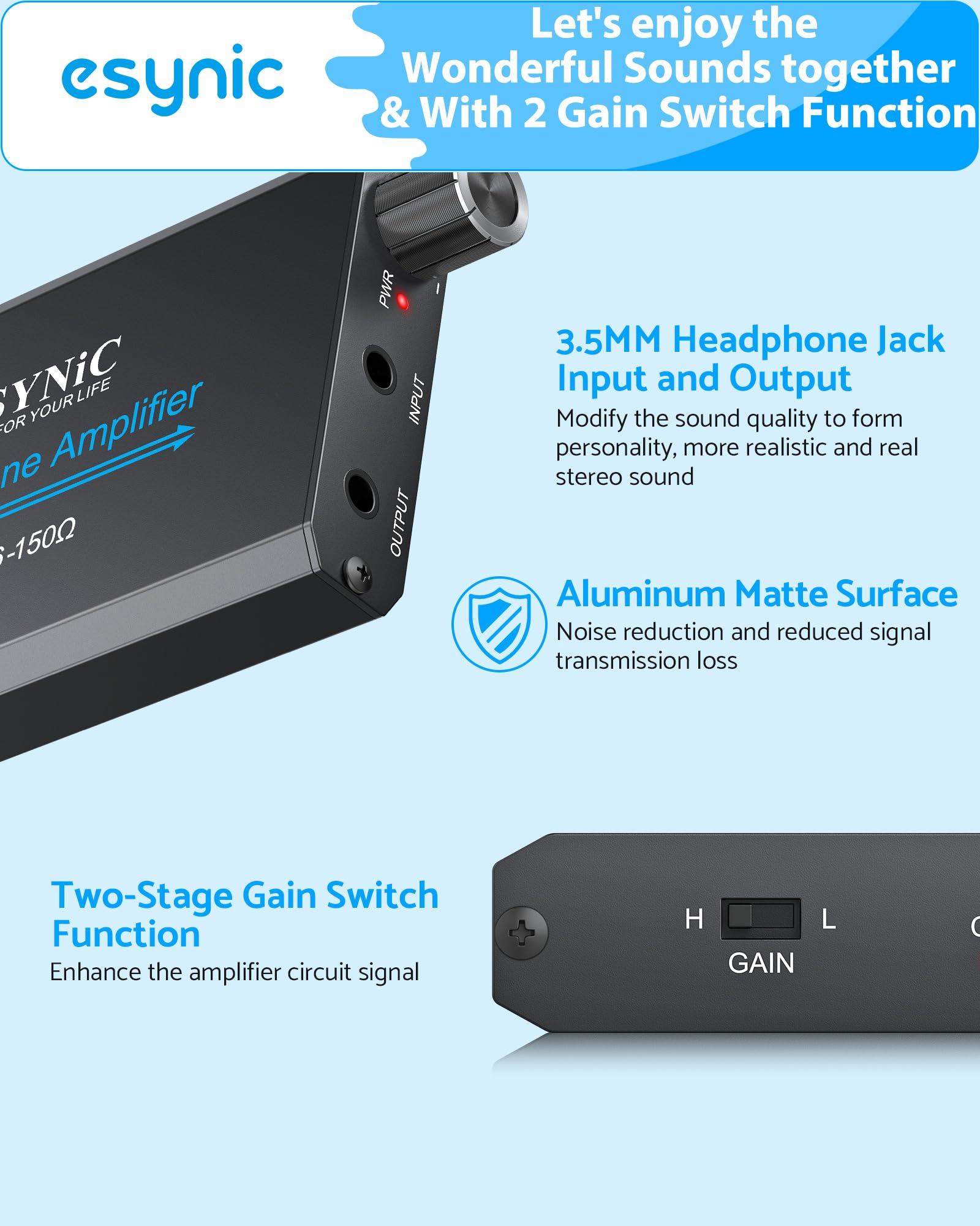 eSynic Portable Headphone Amplifier - Aluminum Alloy High Fidelity Headphone Audio Amp with 2 Stage Gain Switch (16-150?) | Rechargeable Designed (8H Playtime) | 3.5mm AUX for MP3/Phone/PC |0003% THD|