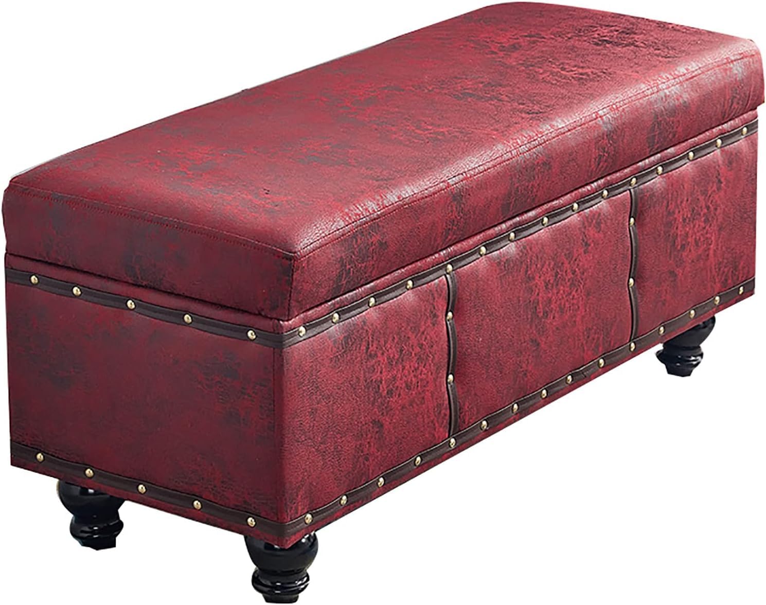 Tabouret de rangement en bois rectangulaire avec assise cuir rétro rouge