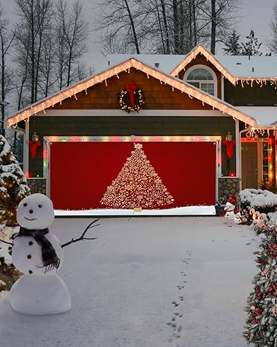 Miniatura 4 de Pancarta de Navidad para puerta de garaje, 7 x 16 pies, árbol de Navidad brillante, copo de nieve, rojo y blanco, decoración de puerta de garaje de