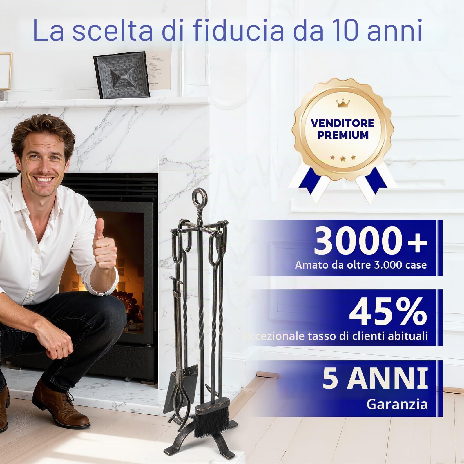 Amagabeli Set di 5 Attrezzi per Camino Set da Camino in Ferro battuto con pinze da Poker Porta Scopa e Pala Utensili da Fuoco Accessorio Rustico da Esterno Oro Nero