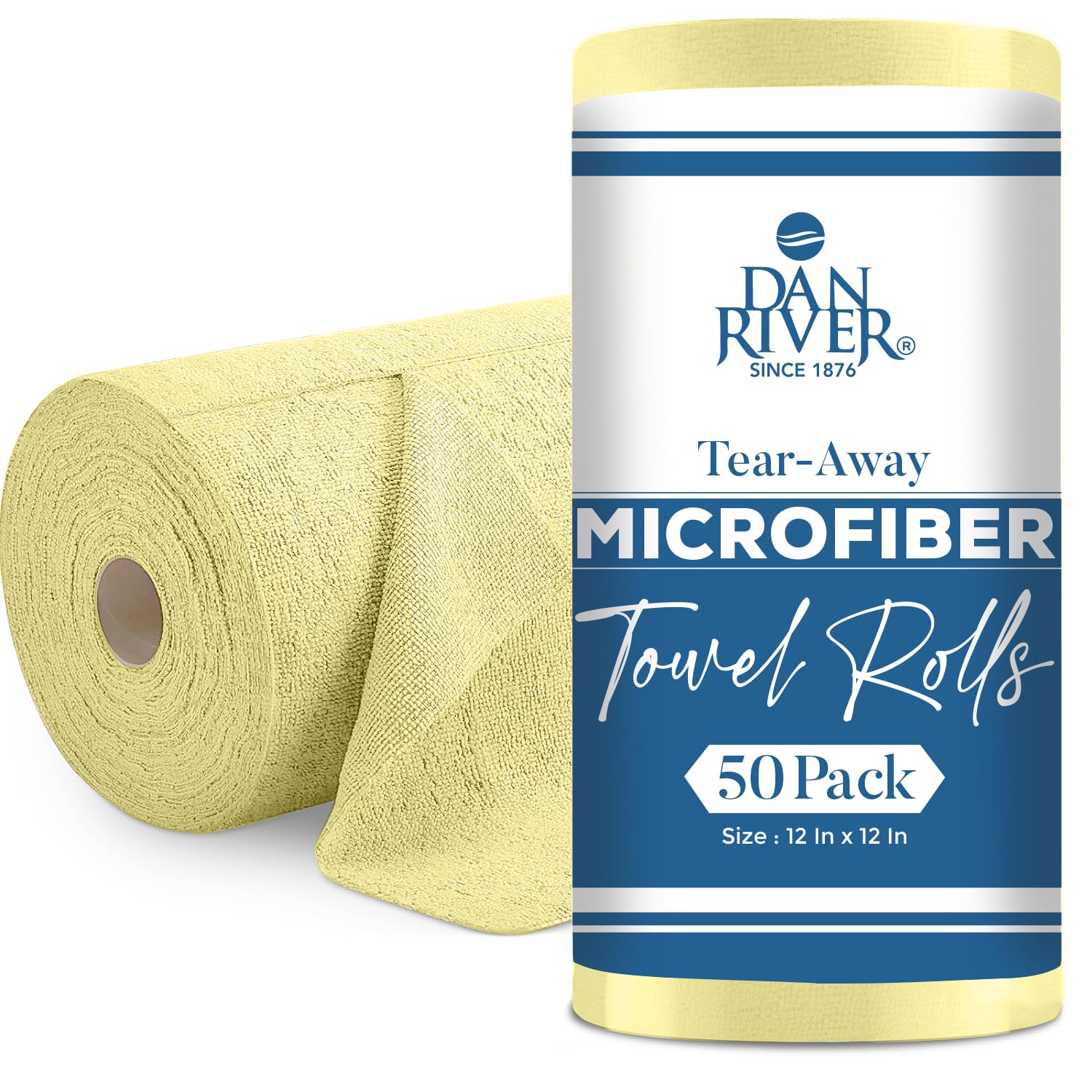 DAN RIVER Tear Away - Rollo de toallas de limpieza de microfibra, paquete de 50, paños reutilizables de 12 x 12 pulgadas para polvo, cocina, baño, coches, sin arañazos, suministros de limpieza sin