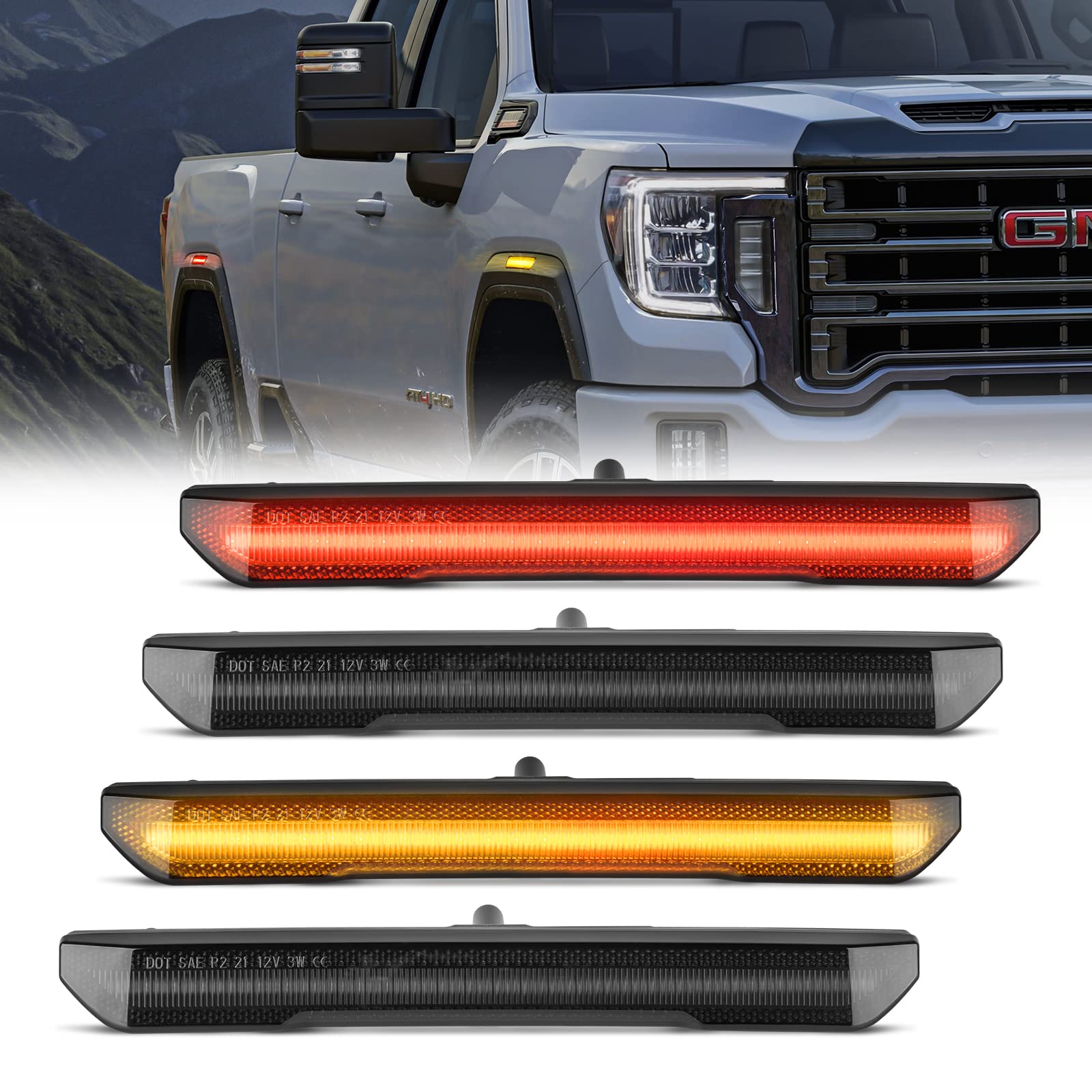 POPMOTORZ 4PCS Amber Smoked Lens Fender LED Side Marker Light for 2020-2022 Chevy Sierra 2500HD 3500HD Pickup Truck Fender Turn Signal Indicator Light Replace OEM Side Marker lamp Smoked Lens