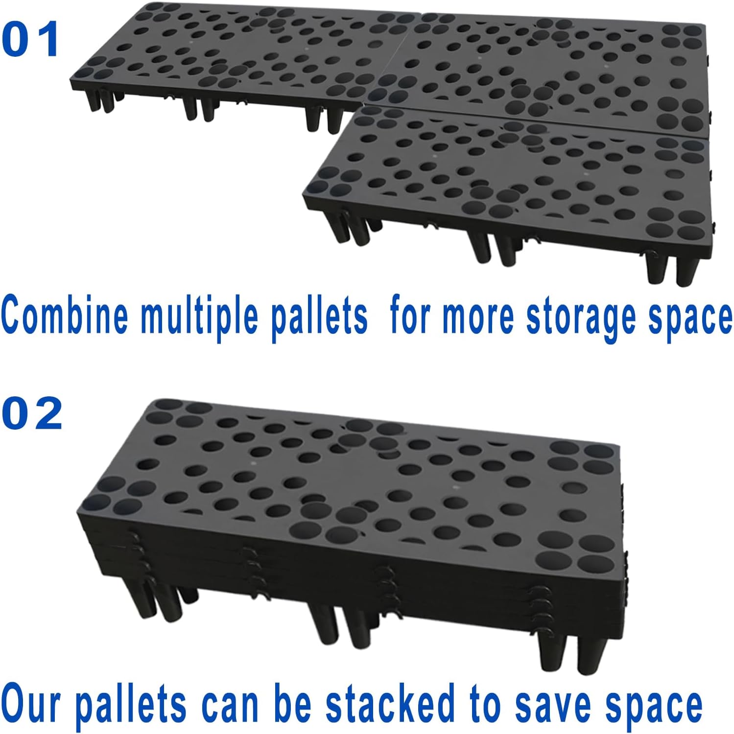 2 Pcs Plastic Pallets, Lightweight Waterproof Plastic Floor Pallet for Basement Storage, Nestable Interlocking Storage Pad with Breathable Grids for Garage Kitchen Supermarket Warehouse (Black)