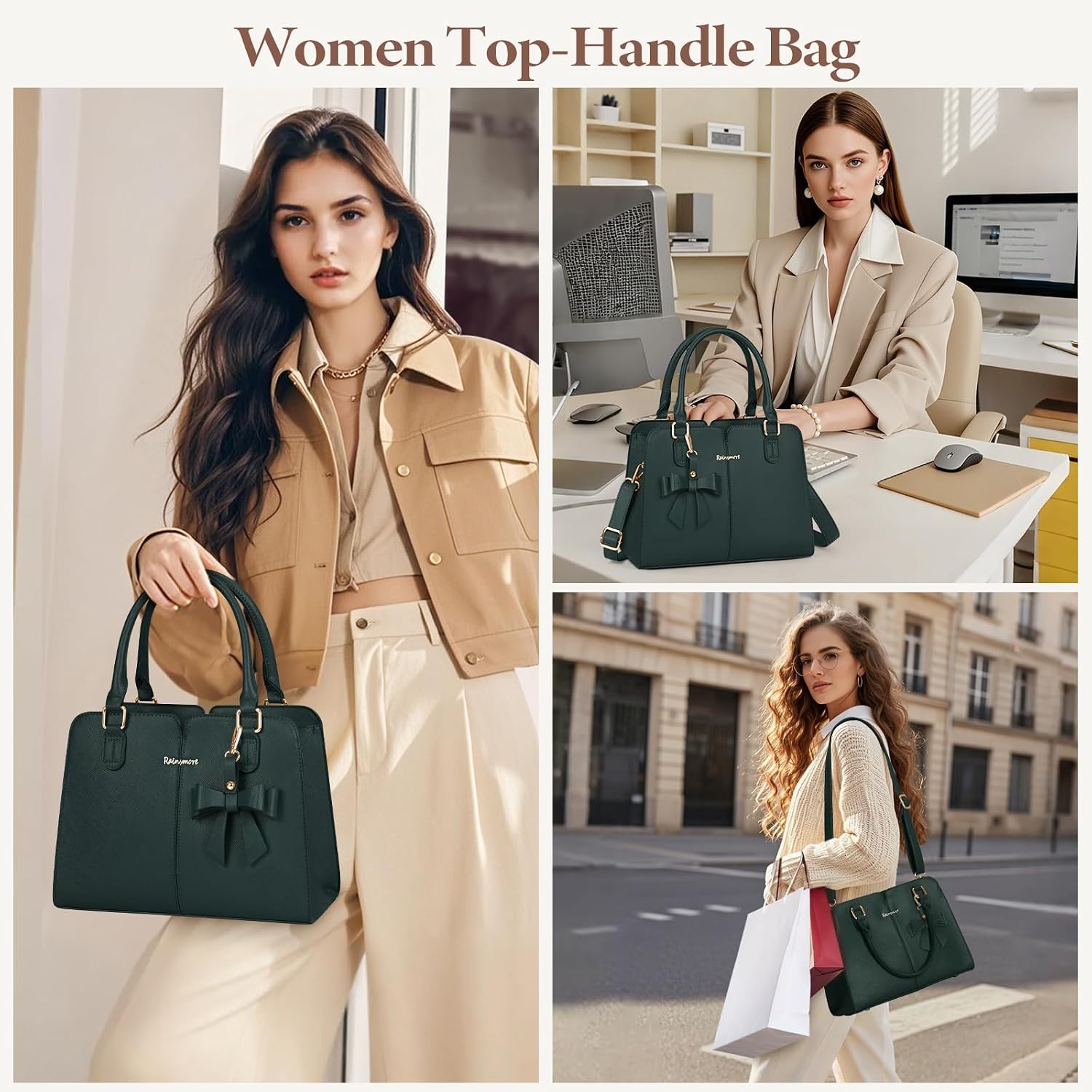 RAINSMORE Handbags Women's Medium Waterproof PU Leather Bag Women with Anti-Theft Bag Fashionable Shoulder Bag Handbag Shoulder Bag for Work Business and Leisure Dark Green
