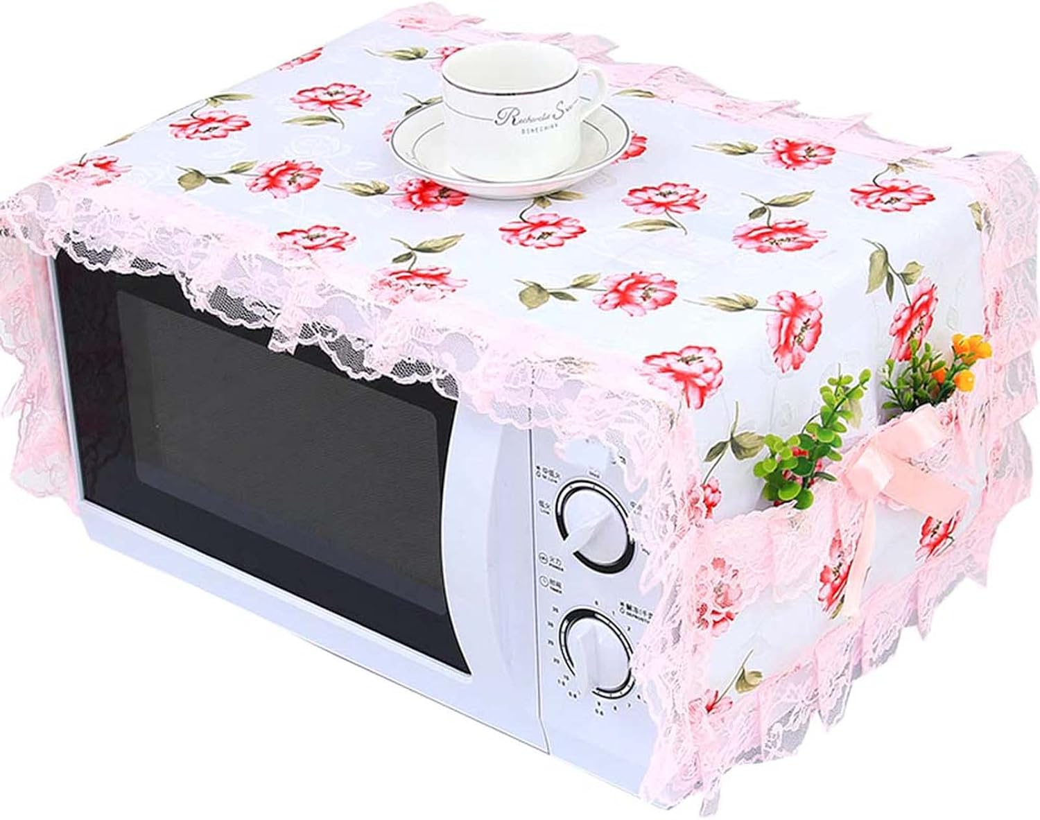 ZEALMAX Beautiful Elegant Microwave Oven Cloth Cover Dust Cover, Decorative Home Kitchen Appliance Cover, Pink Flower