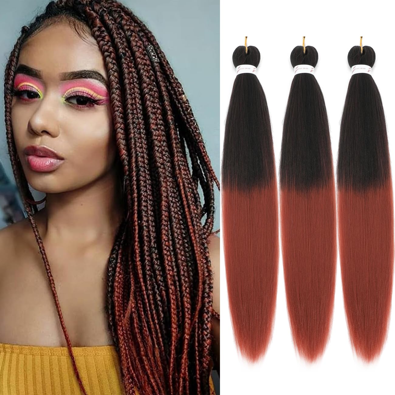 Ombre Ginger Braiding Hair Pre Stretched Extensions Crochet Braiding 26 Inch 3 Packs Hot Water Setting Professional Yaki Synthetic Hair For Twist