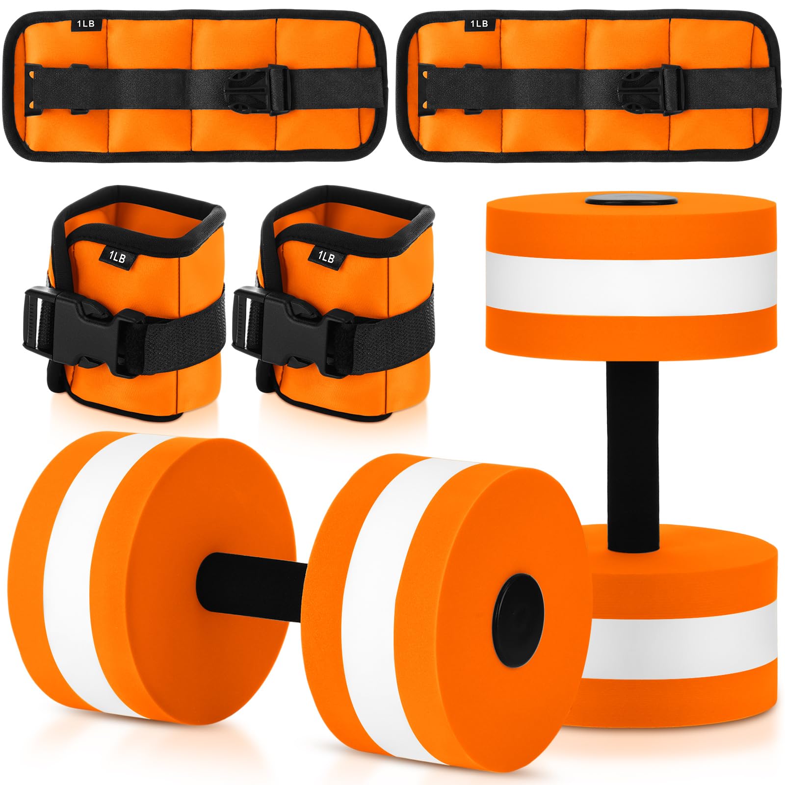 Hollowfly Water Aerobics Set, 4 Piece Pool Exercise Kit (2 Aquatic Dumbbells + 2 Ankle/wrist Weights), EVA Foam, Low-impact Workout(Orange,1lb)