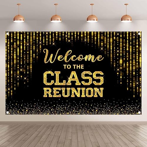 Miniatura 2 de Swepuck Telón de fondo dorado de 72 x 43 pulgadas con texto en inglés "Welcome to the Class Reunion 20th 30th 40th Reunion Fotografía Fondo de
