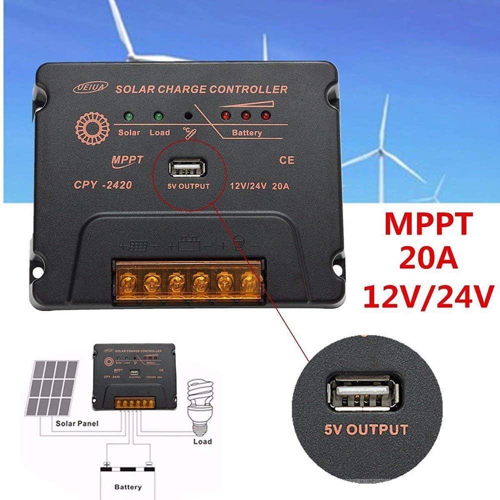 Wiring diagram for Y&H CPY-2420 Solar Charge Controller showing connections for solar panel, controller, battery, and load.