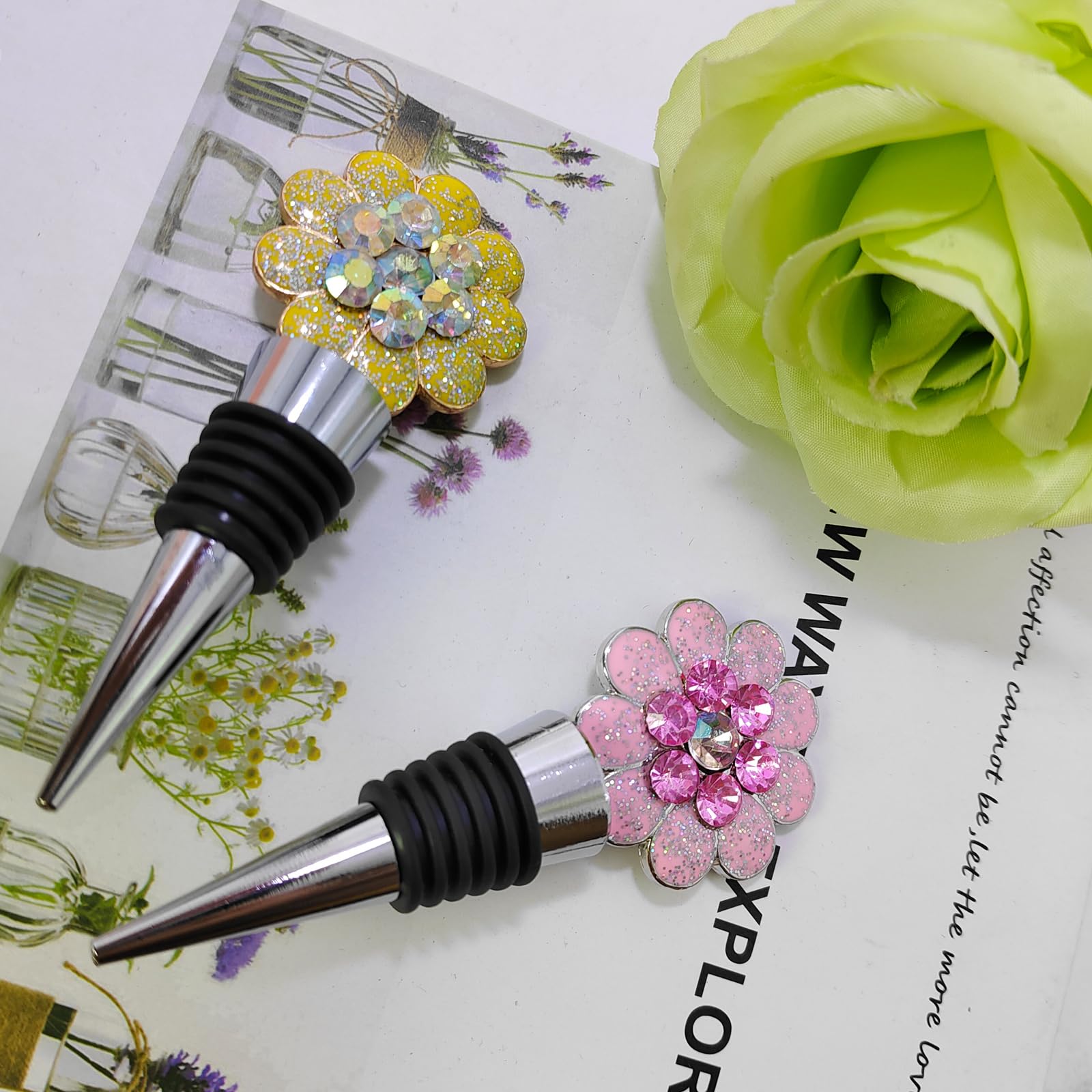 Tapones de vino de flores, corchos de vino, tapones reutilizables para botellas de vino, lindos tapones florales para vino, accesorios de vino para cocina, vacaciones, fiestas, bodas, regalos de 7