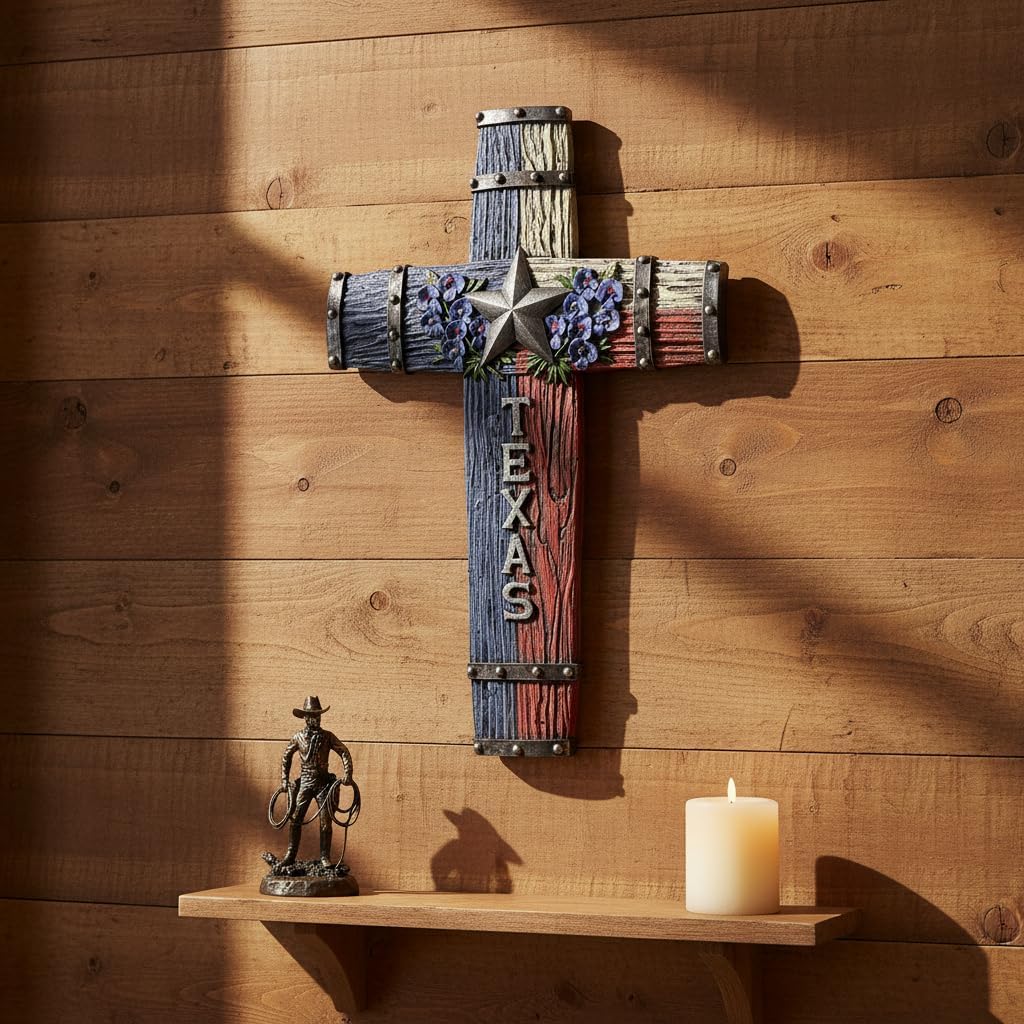 Comfy Hour 14" Lone Star Texas Cross for Wall, Decorative Western Style Religious Plaque with Bluebonnets, Artisan Crafted Wood Look Resin Sculpture, Lone Star State Home Decor, 1 Piece
