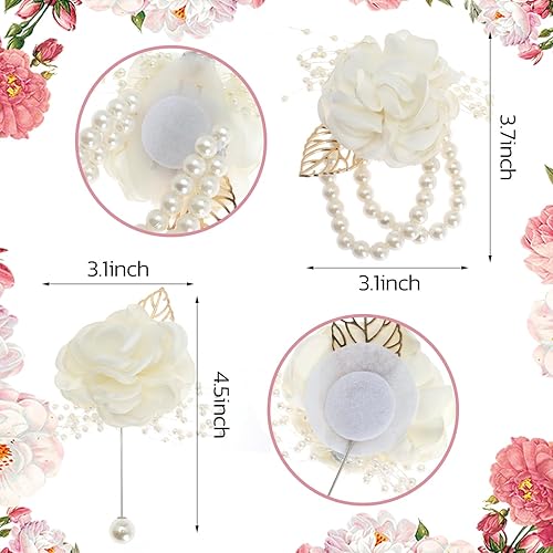 Miniatura 2 de Juego de 2 pulseras de ramillete de flores de rosas para novia, dama de honor, hoja de perla, flor de muñeca para boda, fiesta, baile de graduación,