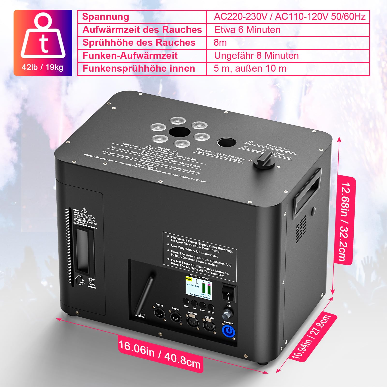 2400W Pyrotechnikmaschinen mit Flightcase, 6 LED Perlen Nebelmaschine d-mx512 Cold Spark Machine Bühneneffekt Wunderkerze mit Funkfernbedienung für Hochzeit Party DJ Bühne Live
