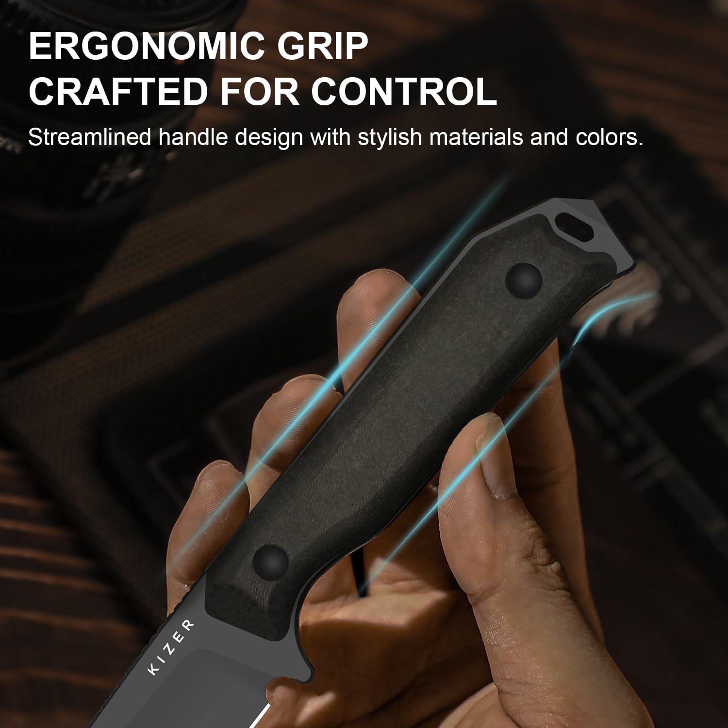Kizer Begleiter Fix Fixed Blade Knife, 3.74" Tanto 3V Blade Hunting Knives with Kydex Sheath, Brown Richlite Handle EDC Knife for Camping Hunting Survival 1045MT1