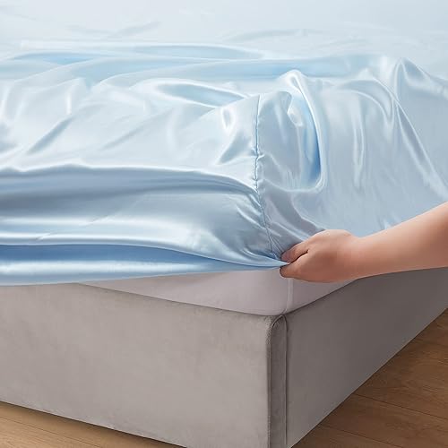 Miniatura 2 de Counfeisly Sábana bajera ajustable de satén de tamaño individual, sedosa y transpirable con bolsillos profundos solamente, color azul bebé