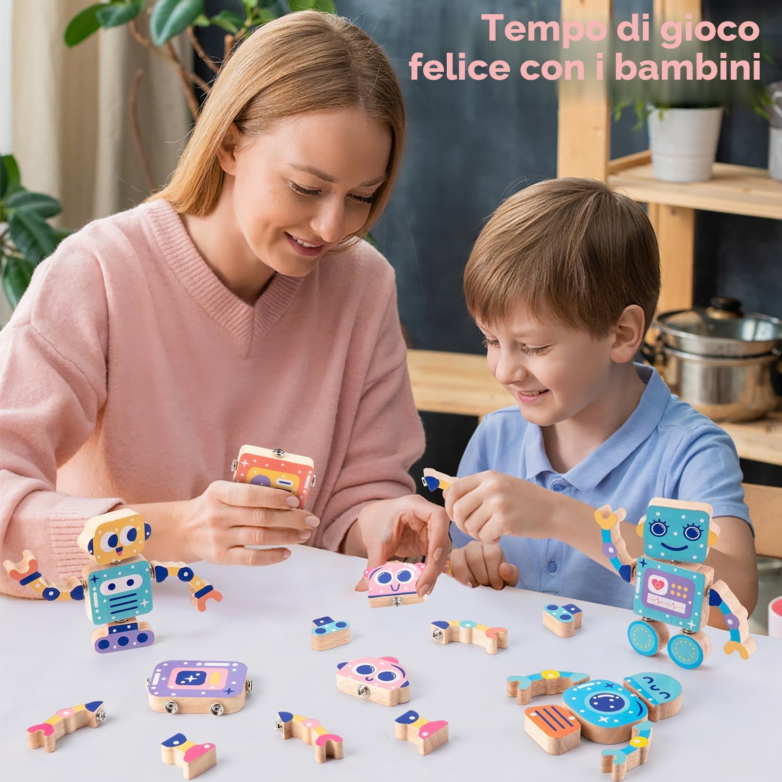 SEMKOTREE Blocchi Giochi Montessori 3 Anni, Giochi Educativi Costruzioni per Bambini con Bottoni, Abilità Motorie Attrezzi Giocattolo Bambini, Giochi in Legno Regalo Bambino 3 4 5 6 Anni